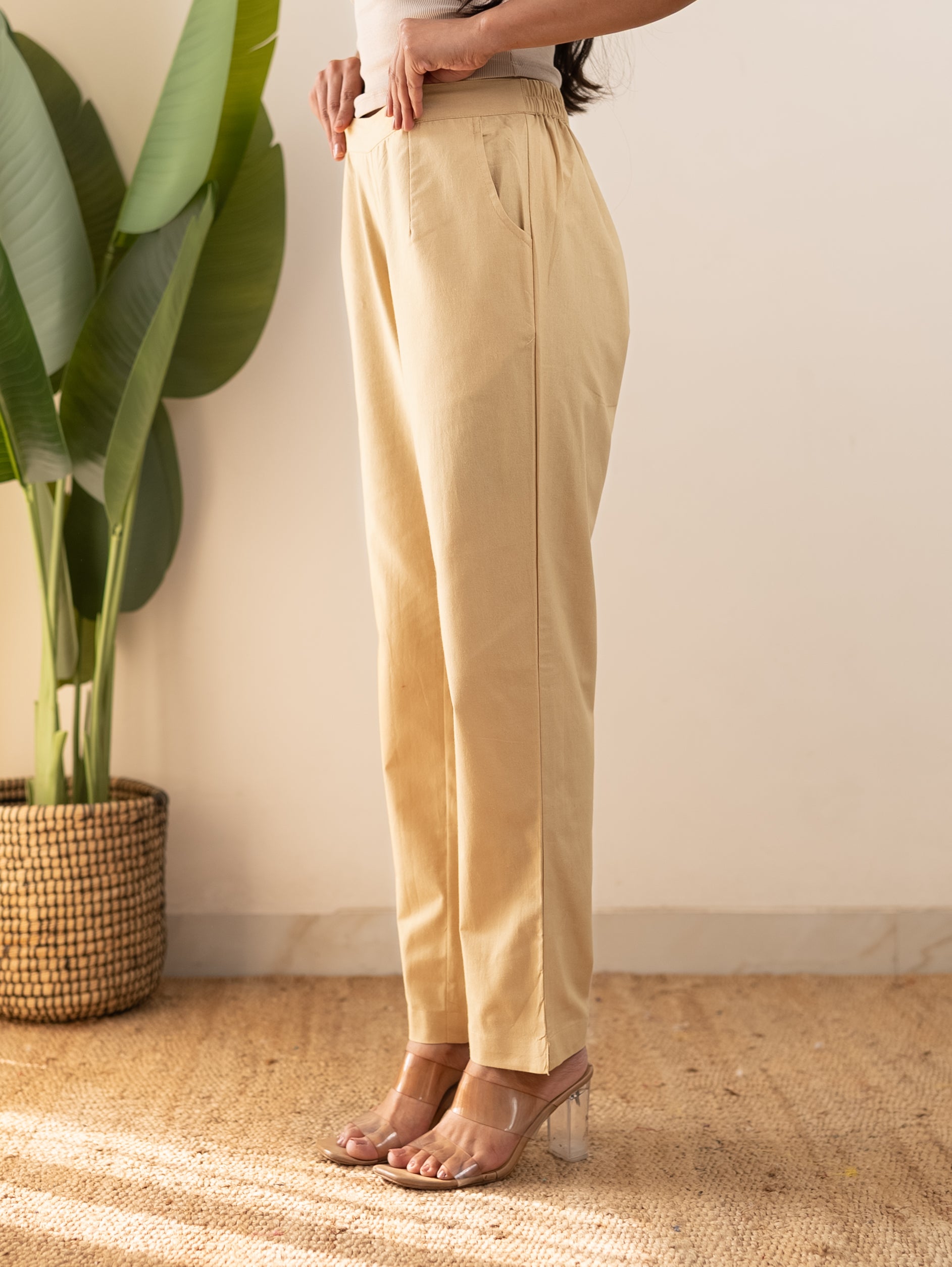 All-Day Cotton Straight Pant for Women-Beige