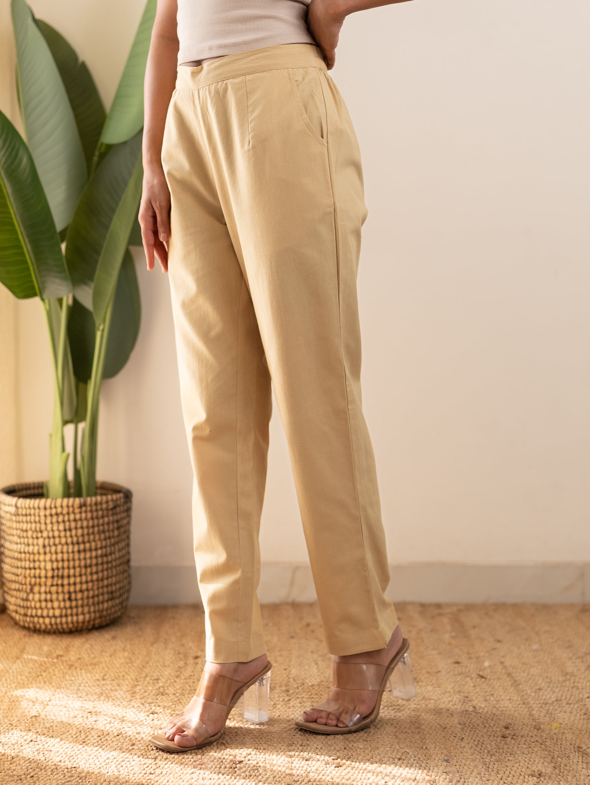 All-Day Cotton Straight Pant for Women-Beige
