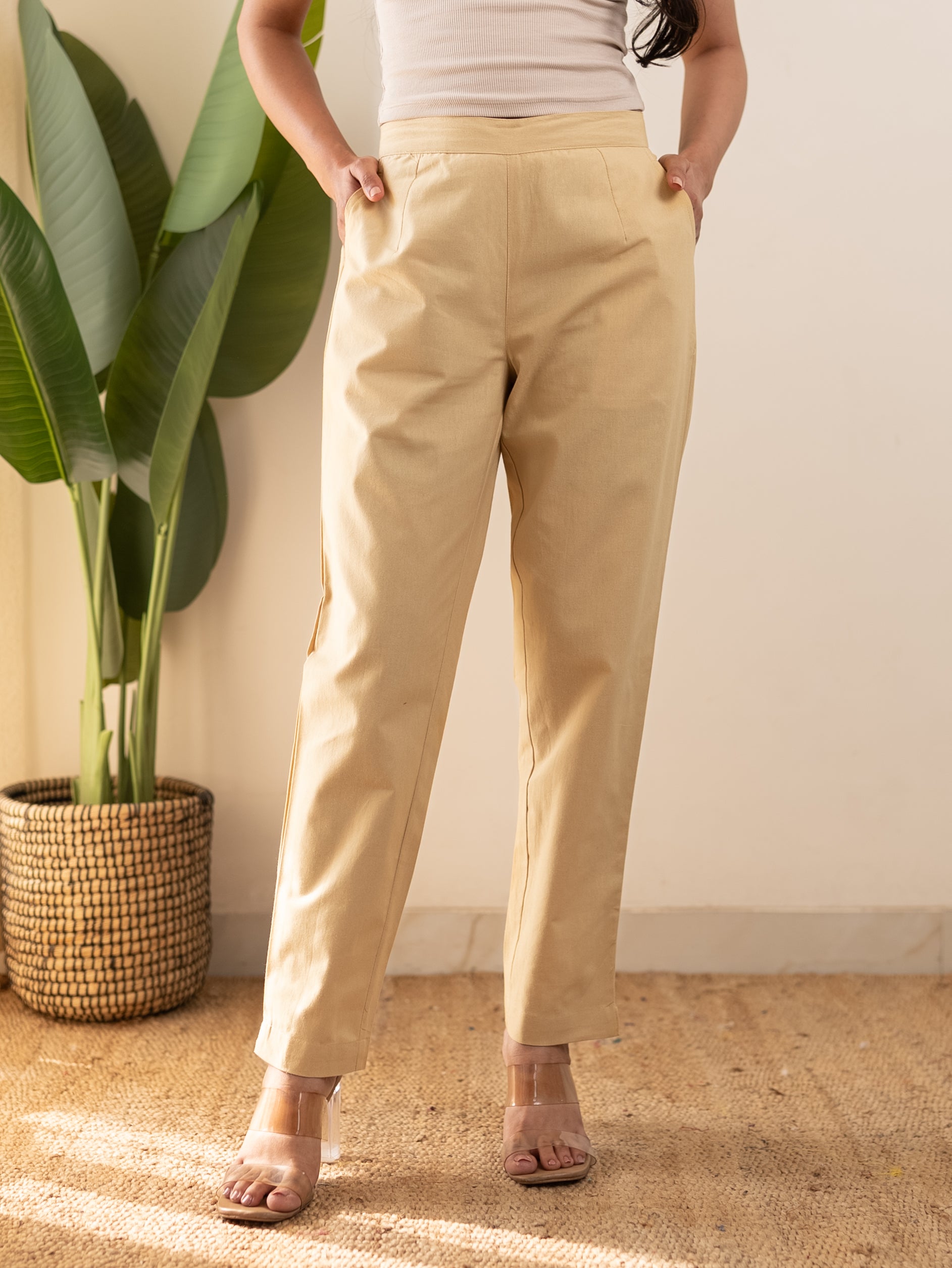 All-Day Cotton Straight Pant for Women-Beige