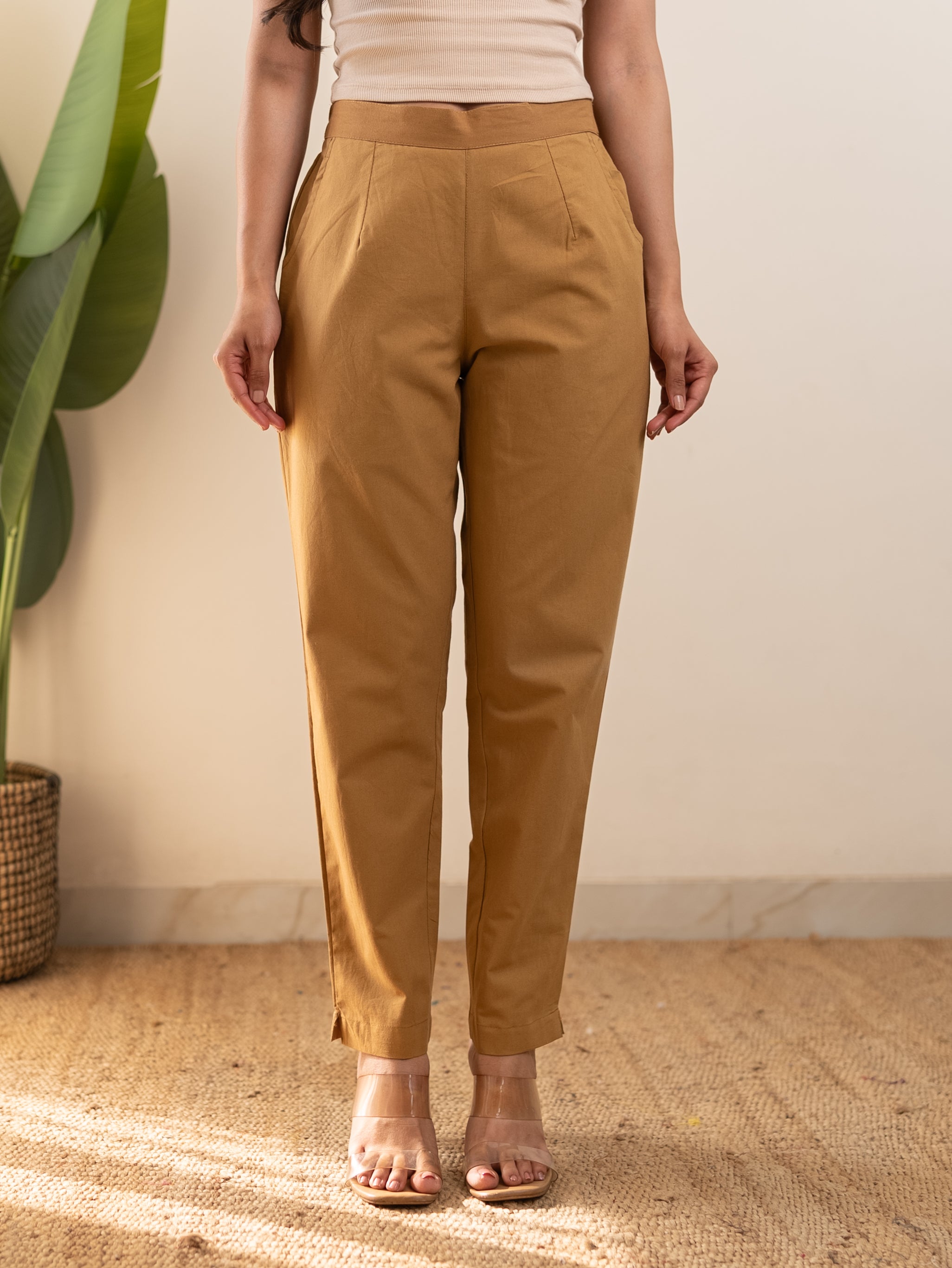 All-Day Cotton Straight Pant for Women-Camel Yellow