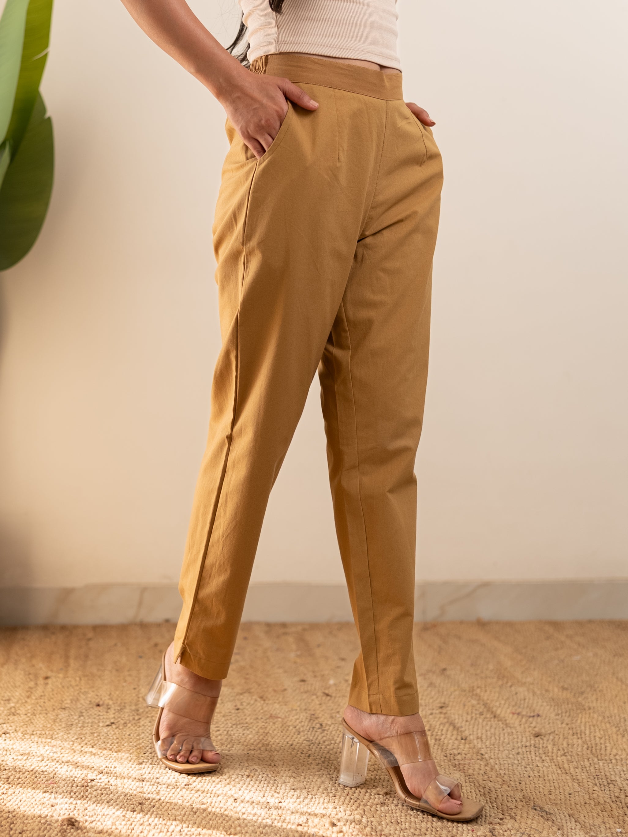 All-Day Cotton Straight Pant for Women-Camel Yellow