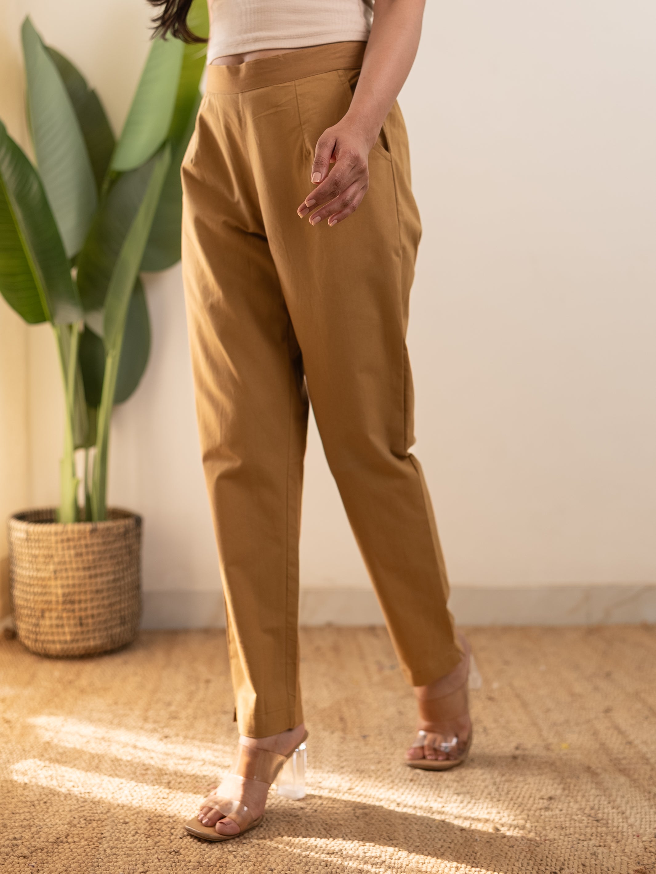 All-Day Cotton Straight Pant for Women-Camel Yellow