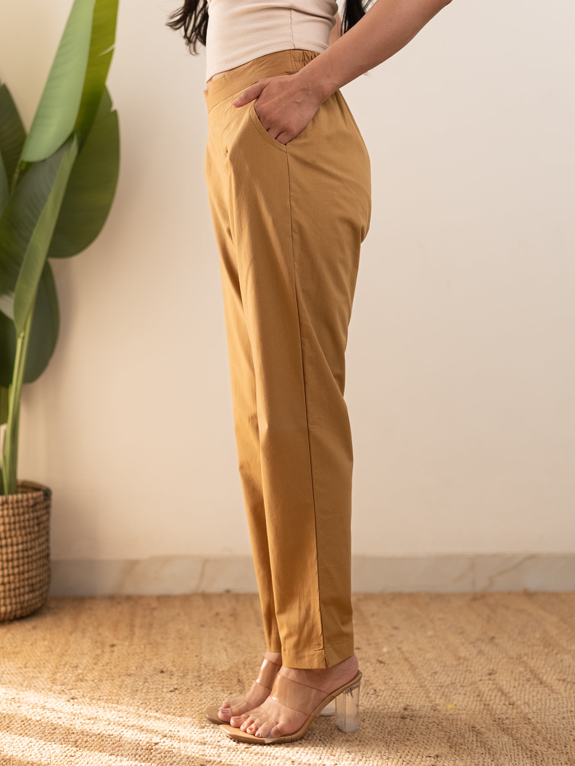 All-Day Cotton Straight Pant for Women-Camel Yellow