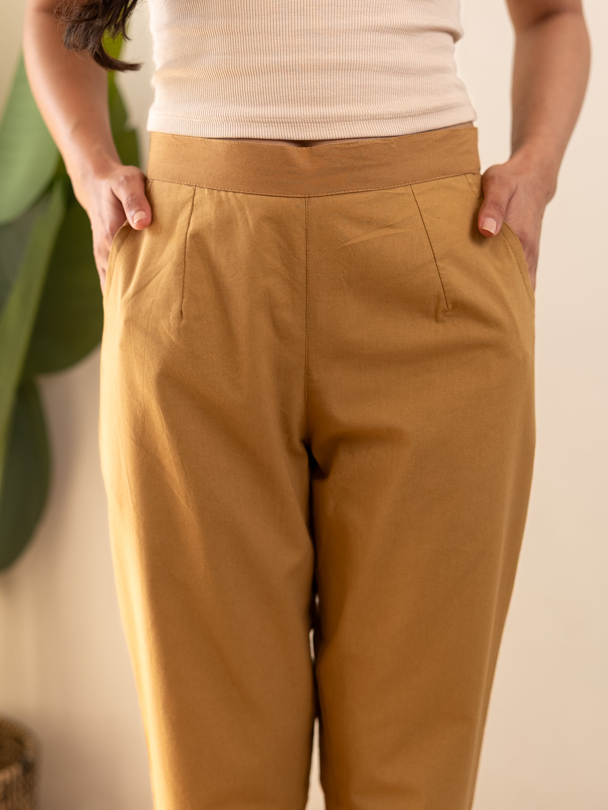 All-Day Cotton Straight Pant for Women-Camel Yellow
