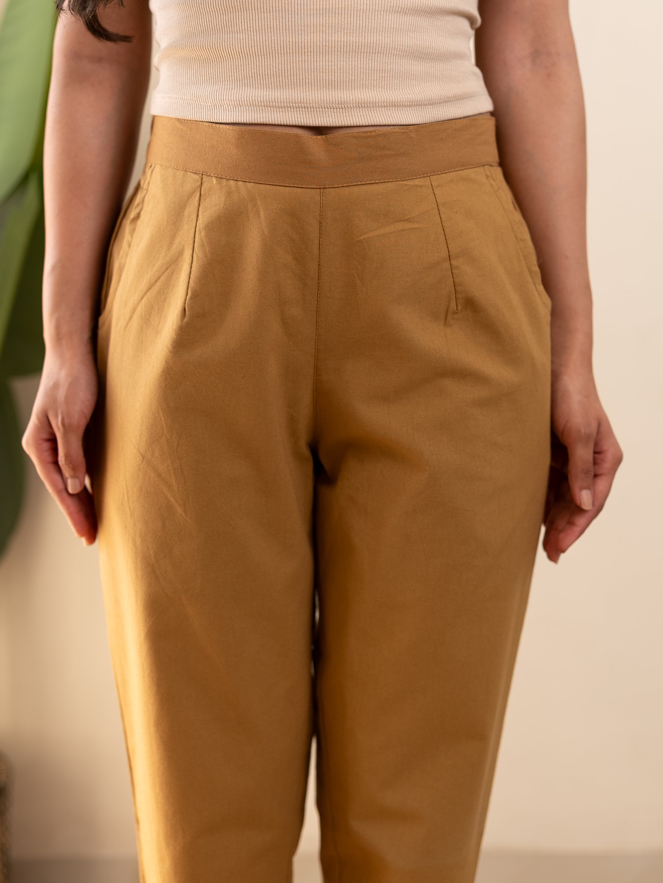 All-Day Cotton Straight Pant for Women-Camel Yellow