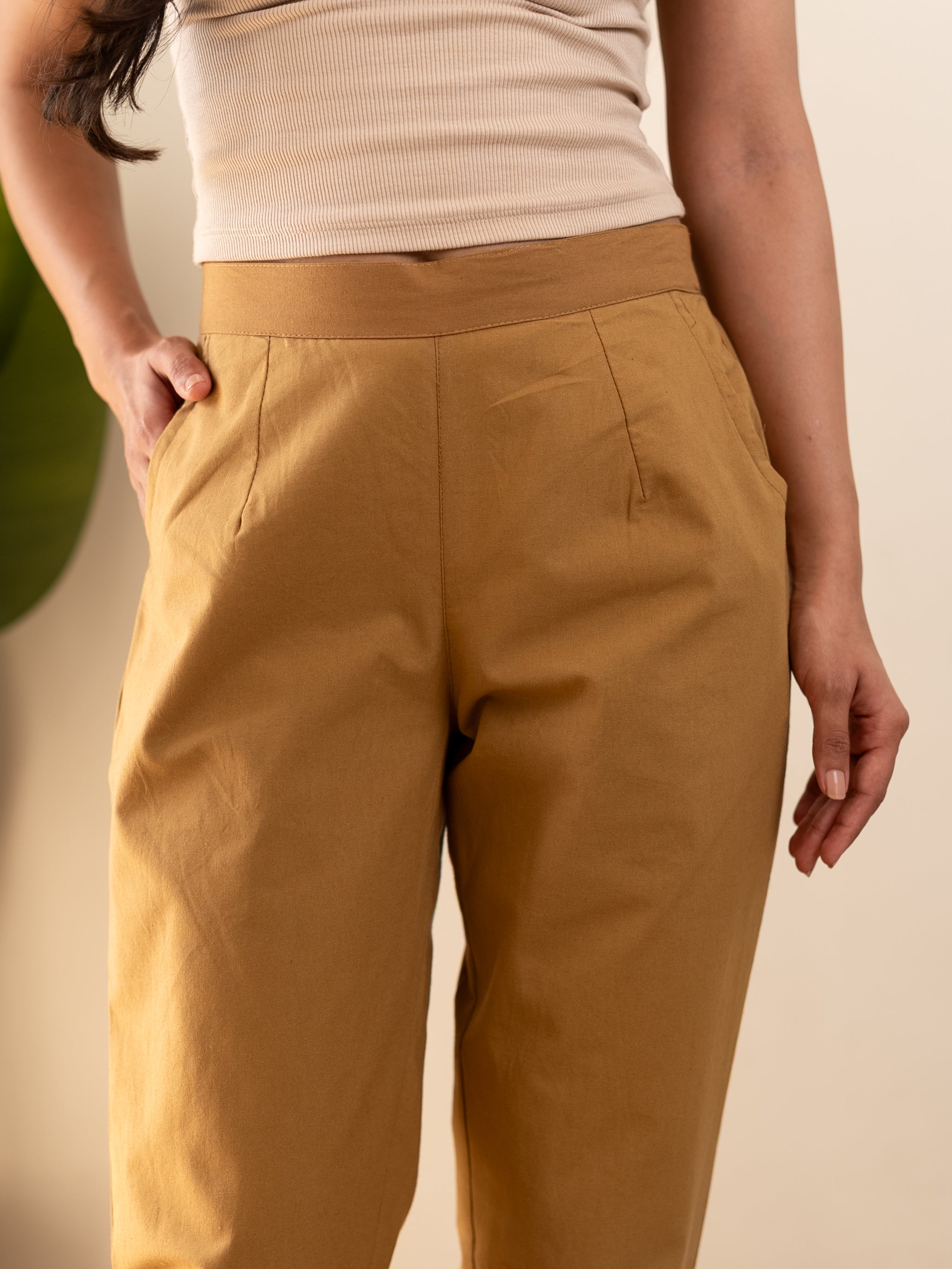 All-Day Cotton Straight Pant for Women-Camel Yellow