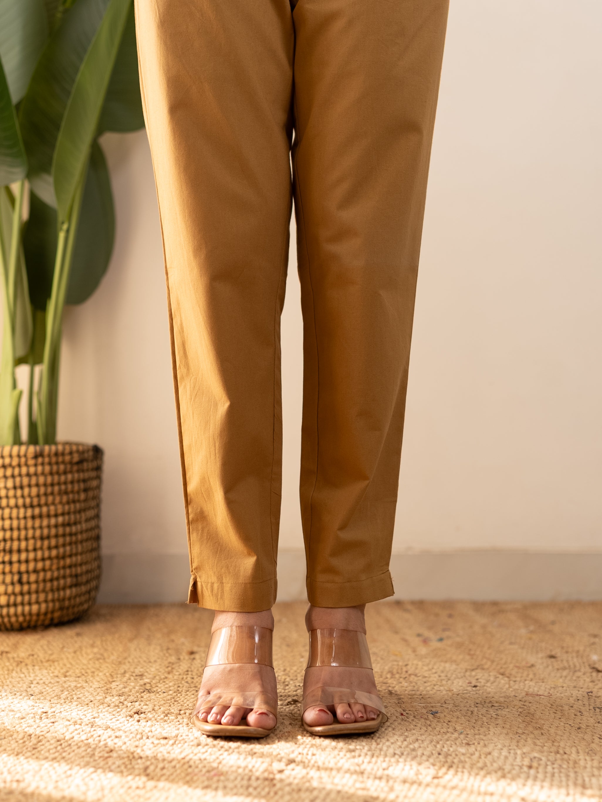 All-Day Cotton Straight Pant for Women-Camel Yellow