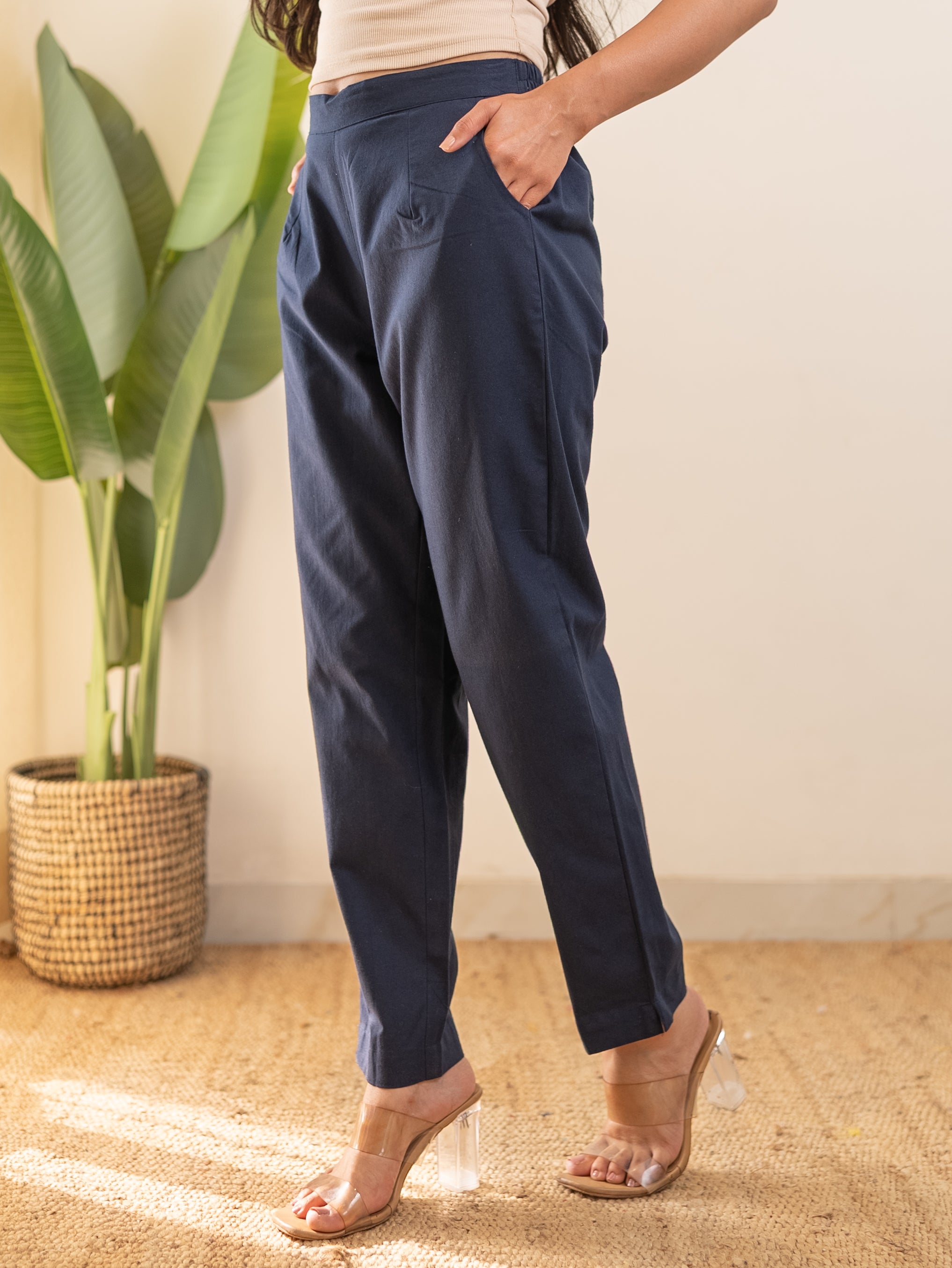 All-Day Cotton Straight Pant for Women-Navy Blue