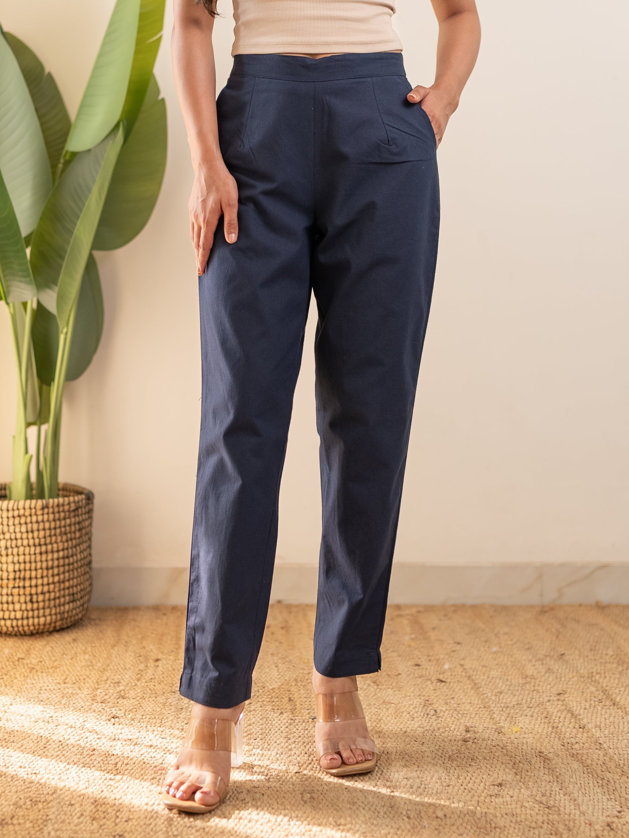 All-Day Cotton Straight Pant for Women-Navy Blue