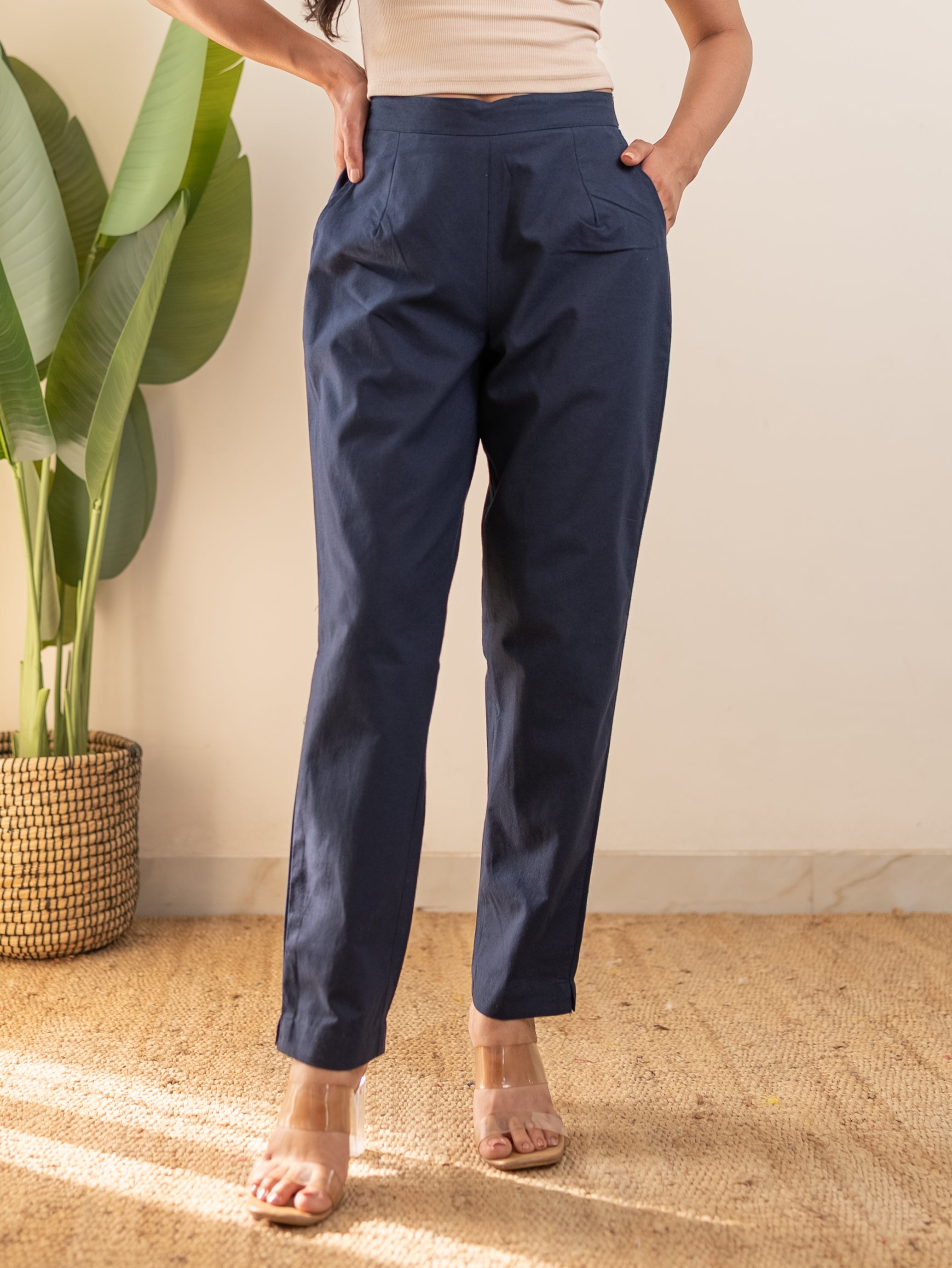 All-Day Cotton Straight Pant for Women-Navy Blue