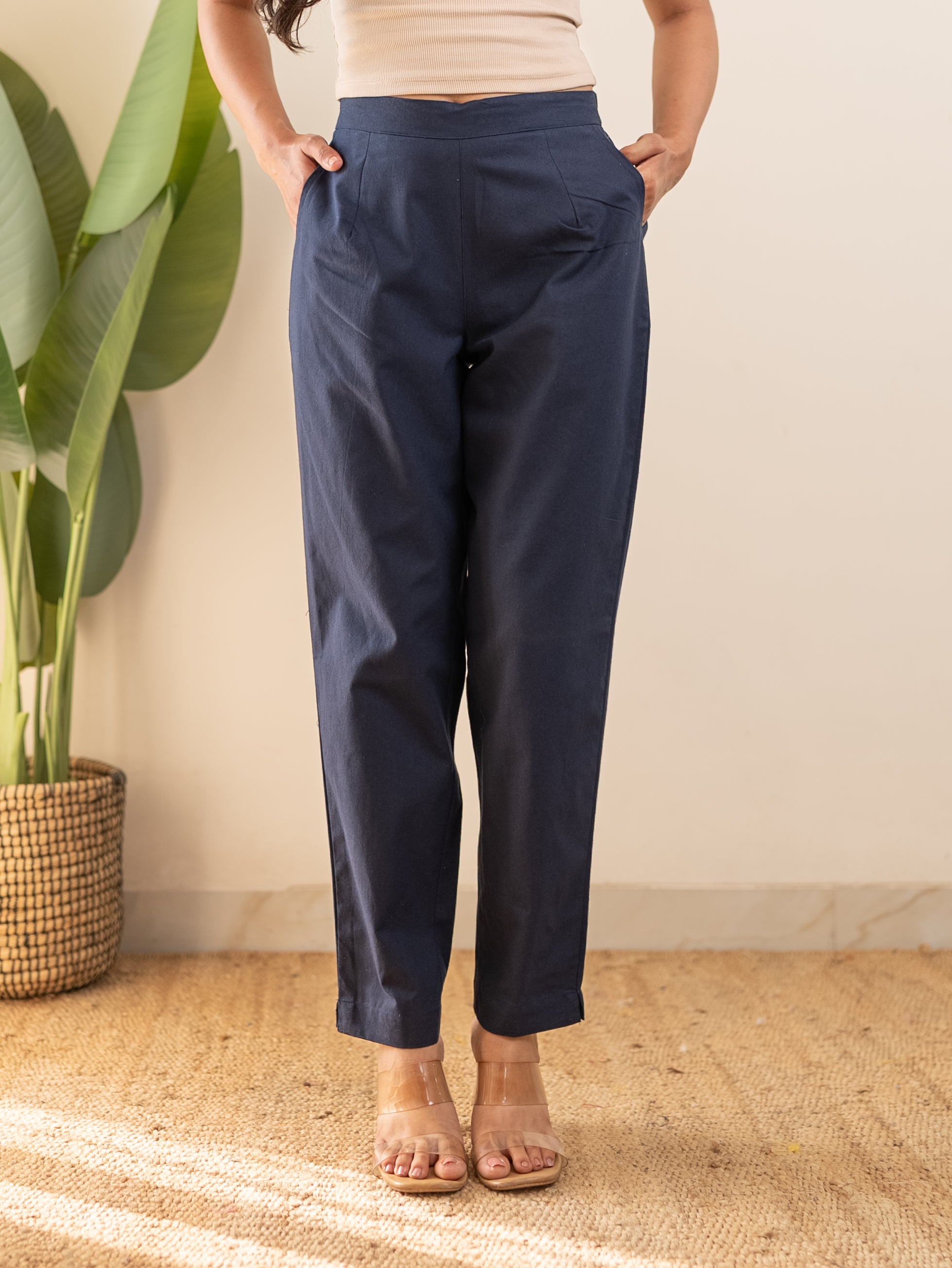 All-Day Cotton Straight Pant for Women-Navy Blue