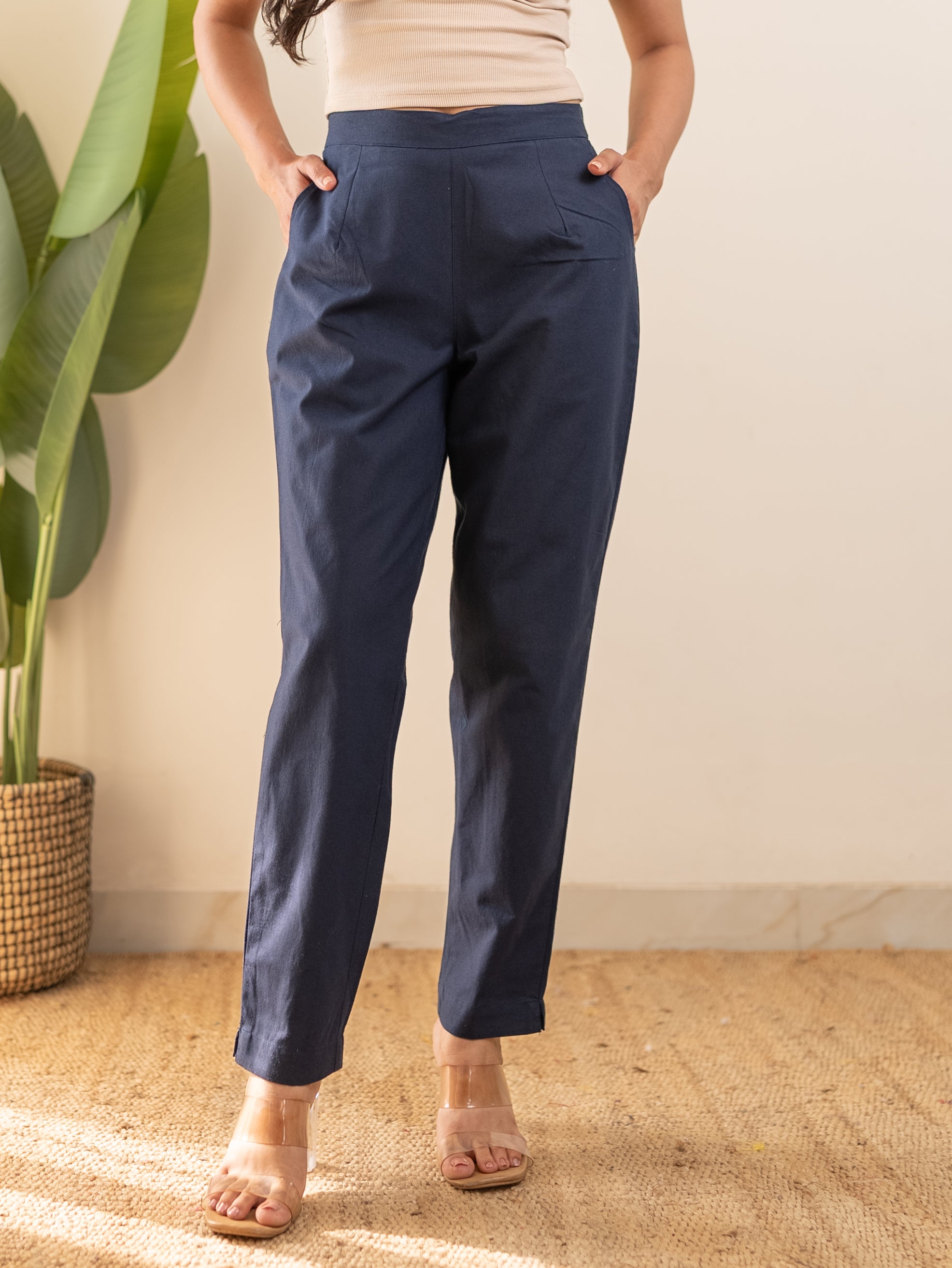 All-Day Cotton Straight Pant for Women-Navy Blue