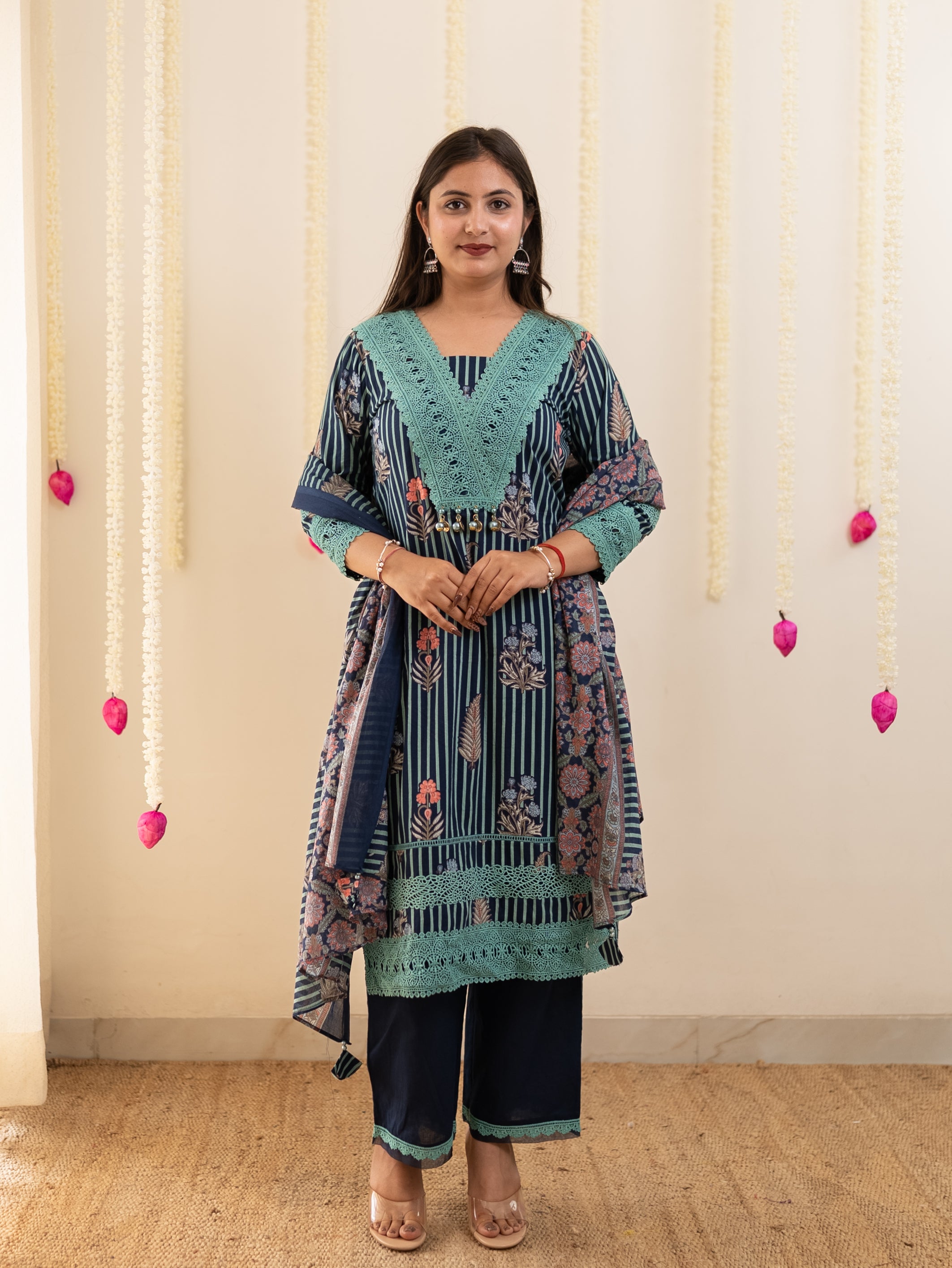 Tahira Blue Striped Cotton Lace Detailed Dupatta Set