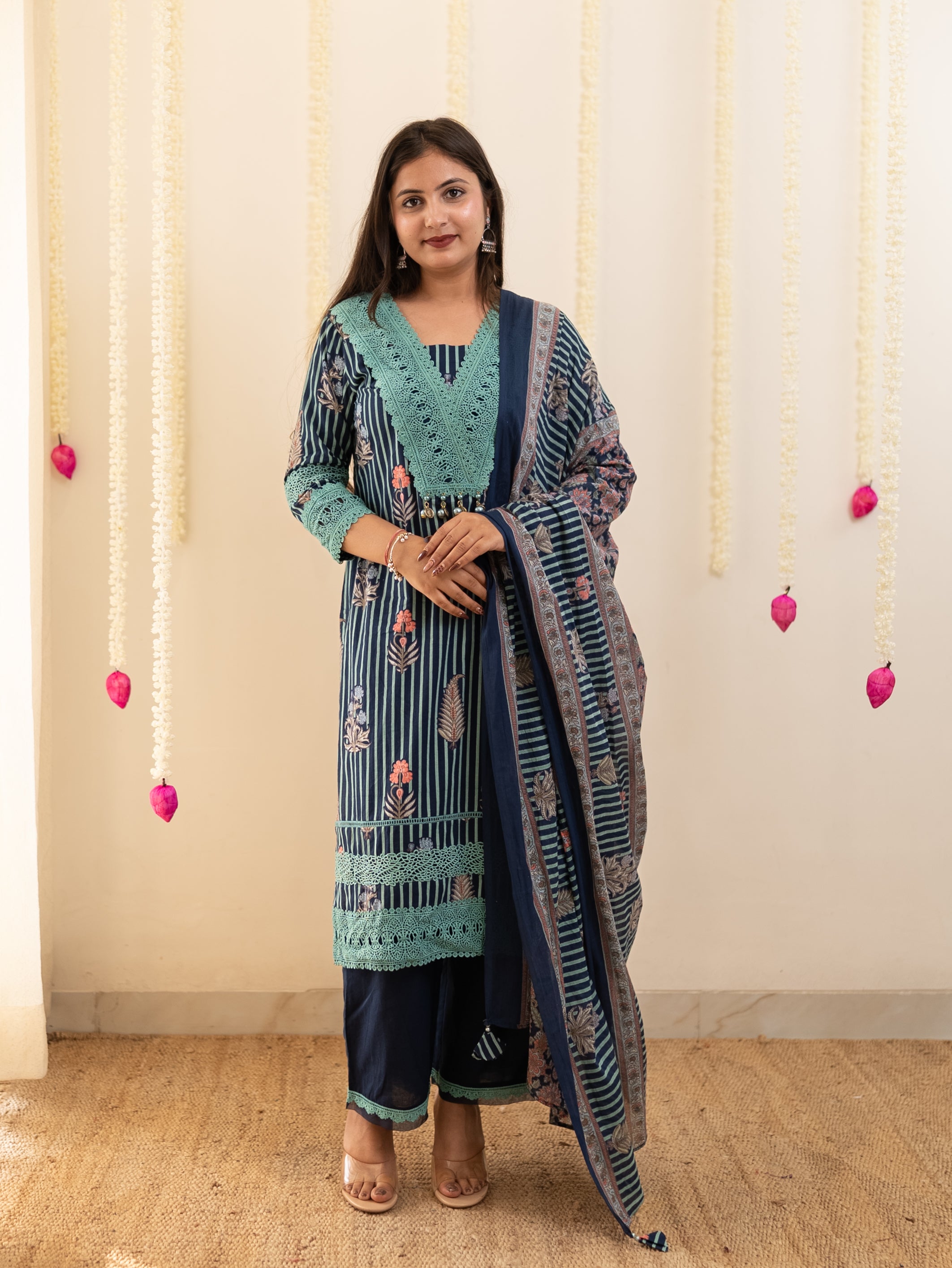 Tahira Blue Striped Cotton Lace Detailed Dupatta Set