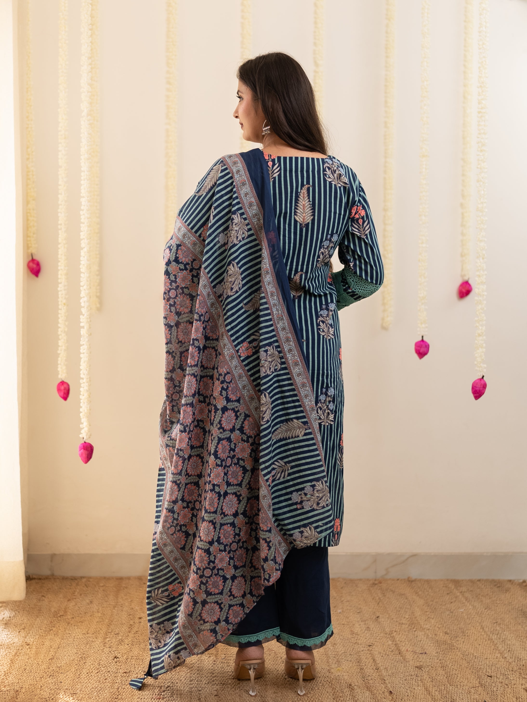 Tahira Blue Striped Cotton Lace Detailed Dupatta Set