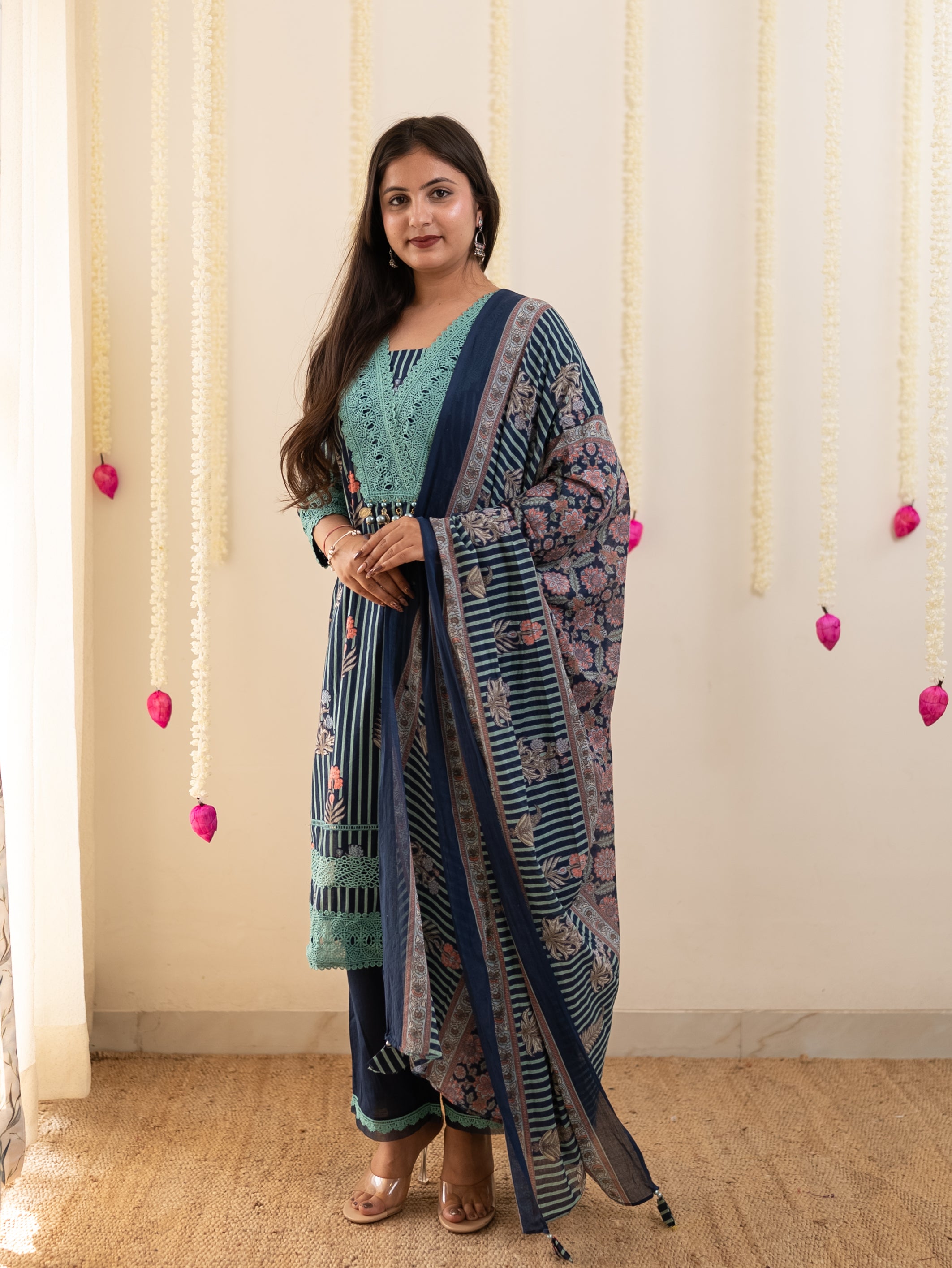 Tahira Blue Striped Cotton Lace Detailed Dupatta Set