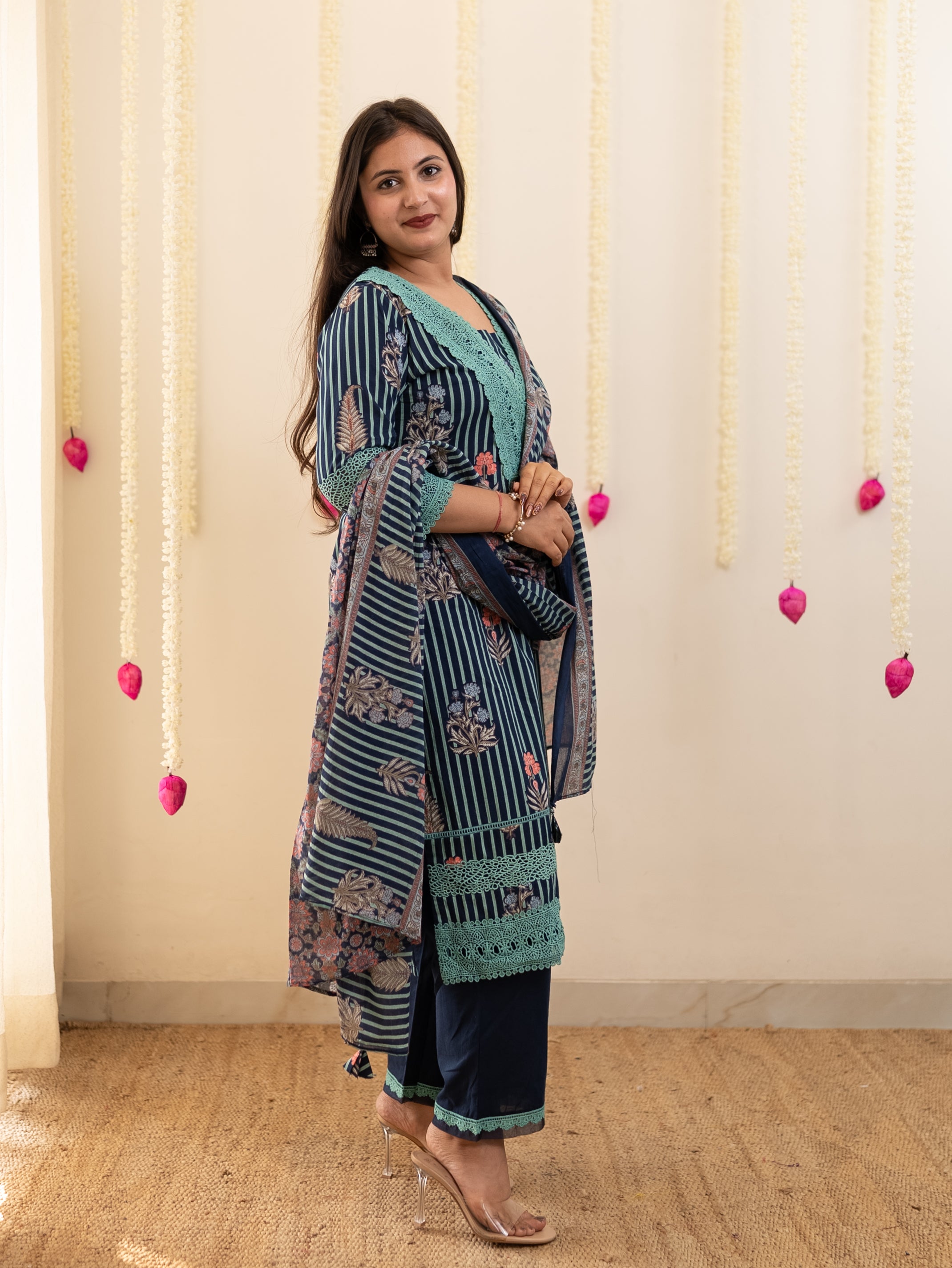 Tahira Blue Striped Cotton Lace Detailed Dupatta Set