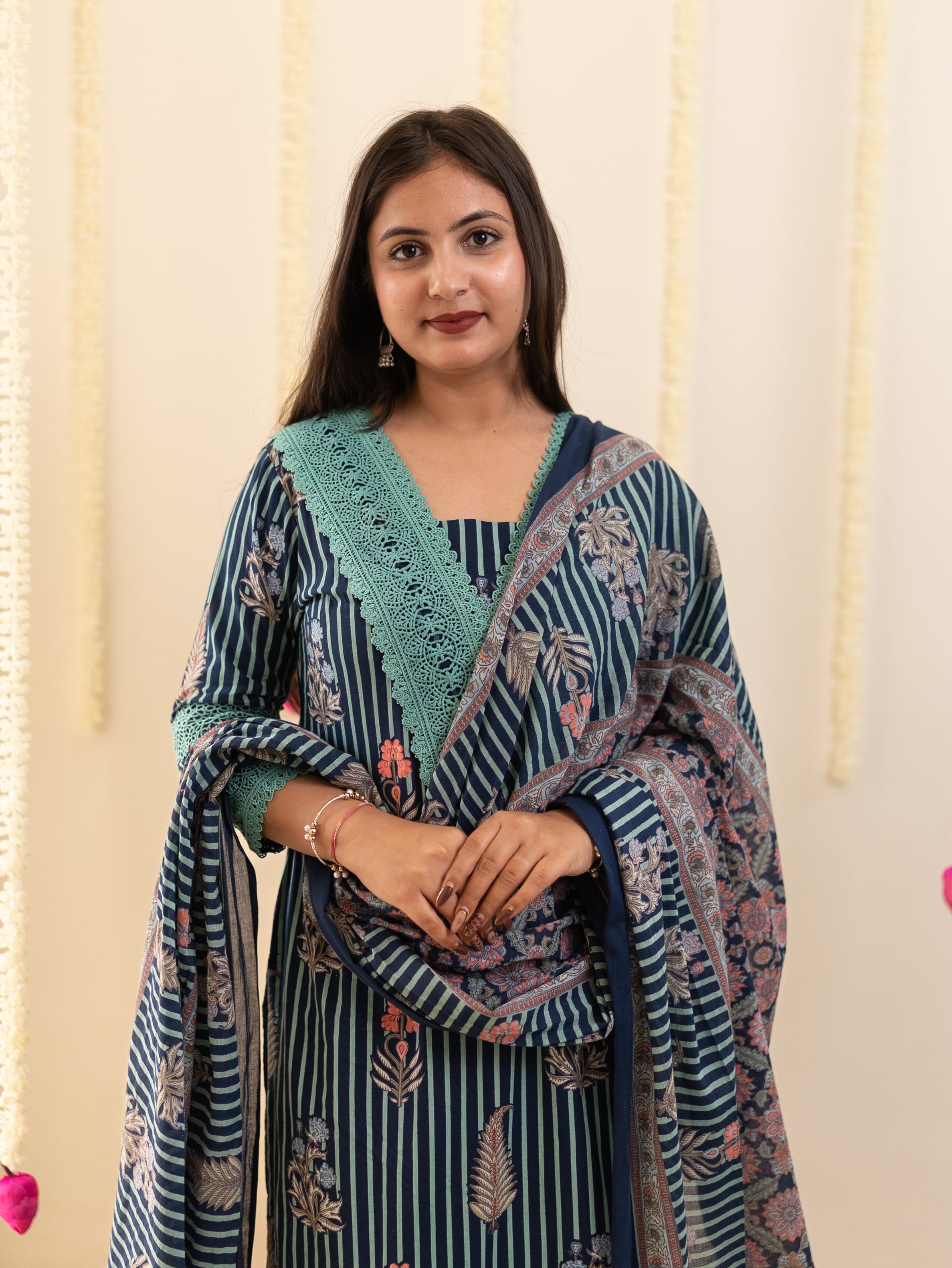 Tahira Blue Striped Cotton Lace Detailed Dupatta Set