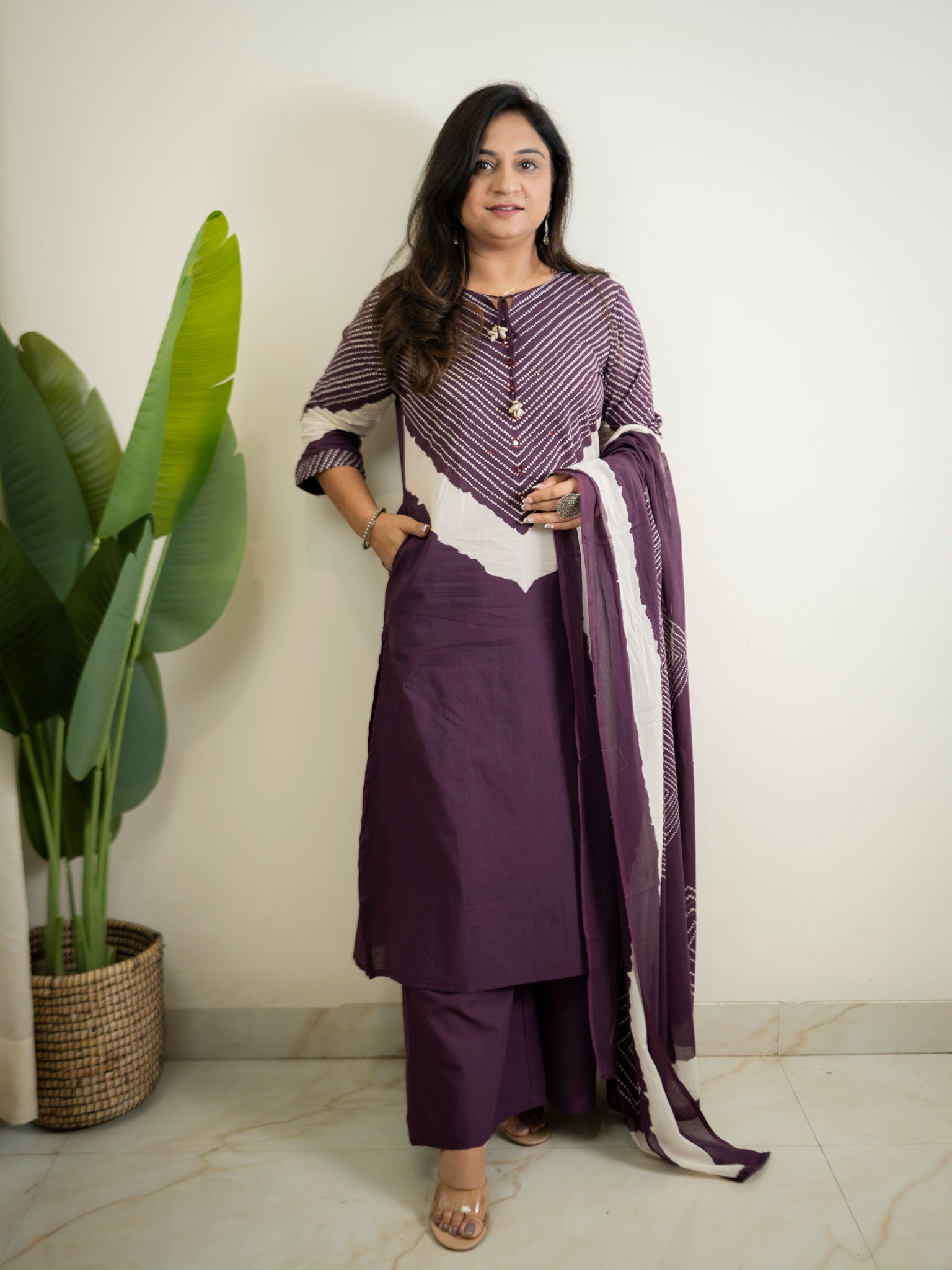 Huma Purple Cotton Tie and Dye Straight Dupatta Set