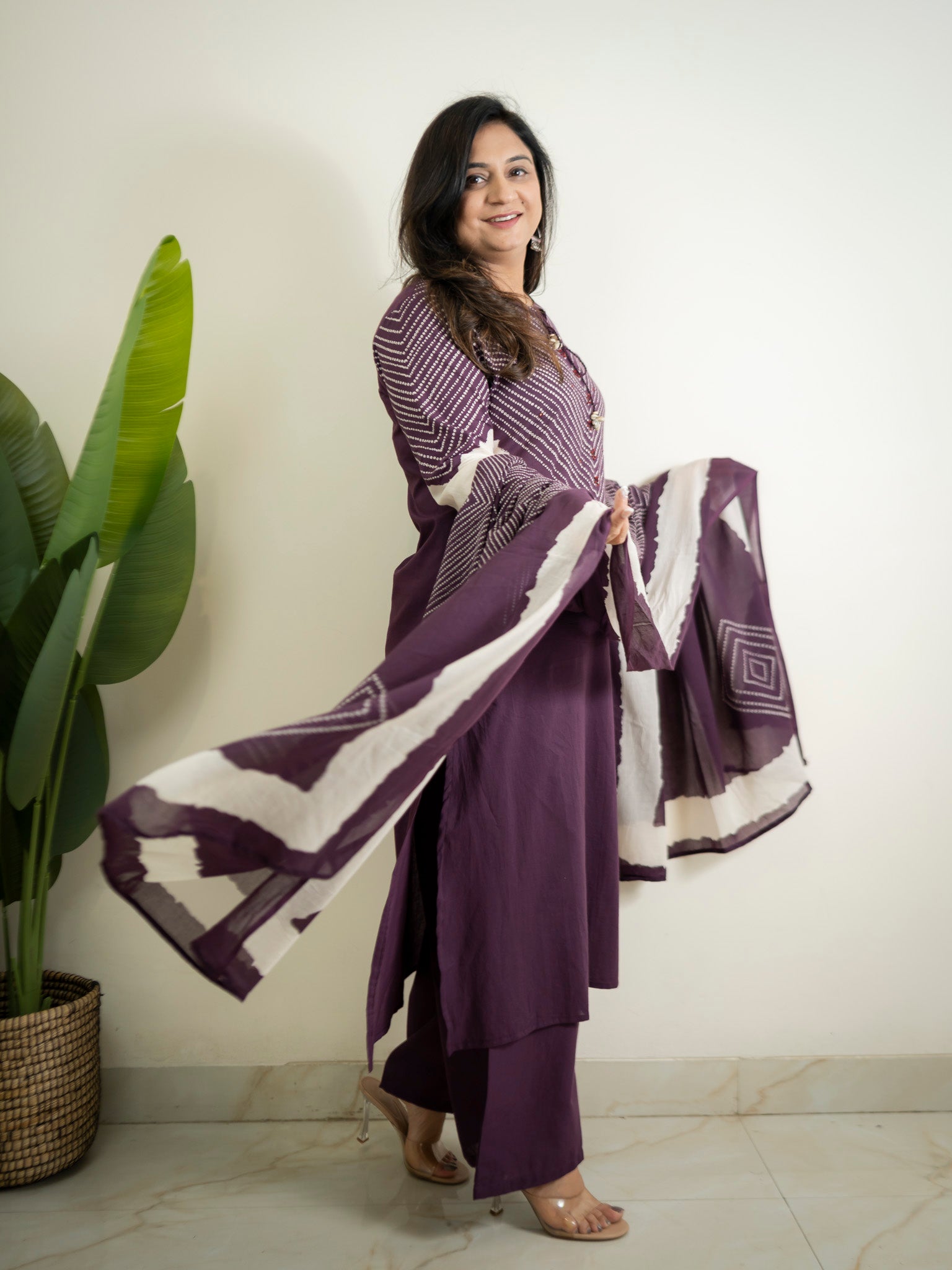 Huma Purple Cotton Tie and Dye Straight Dupatta Set