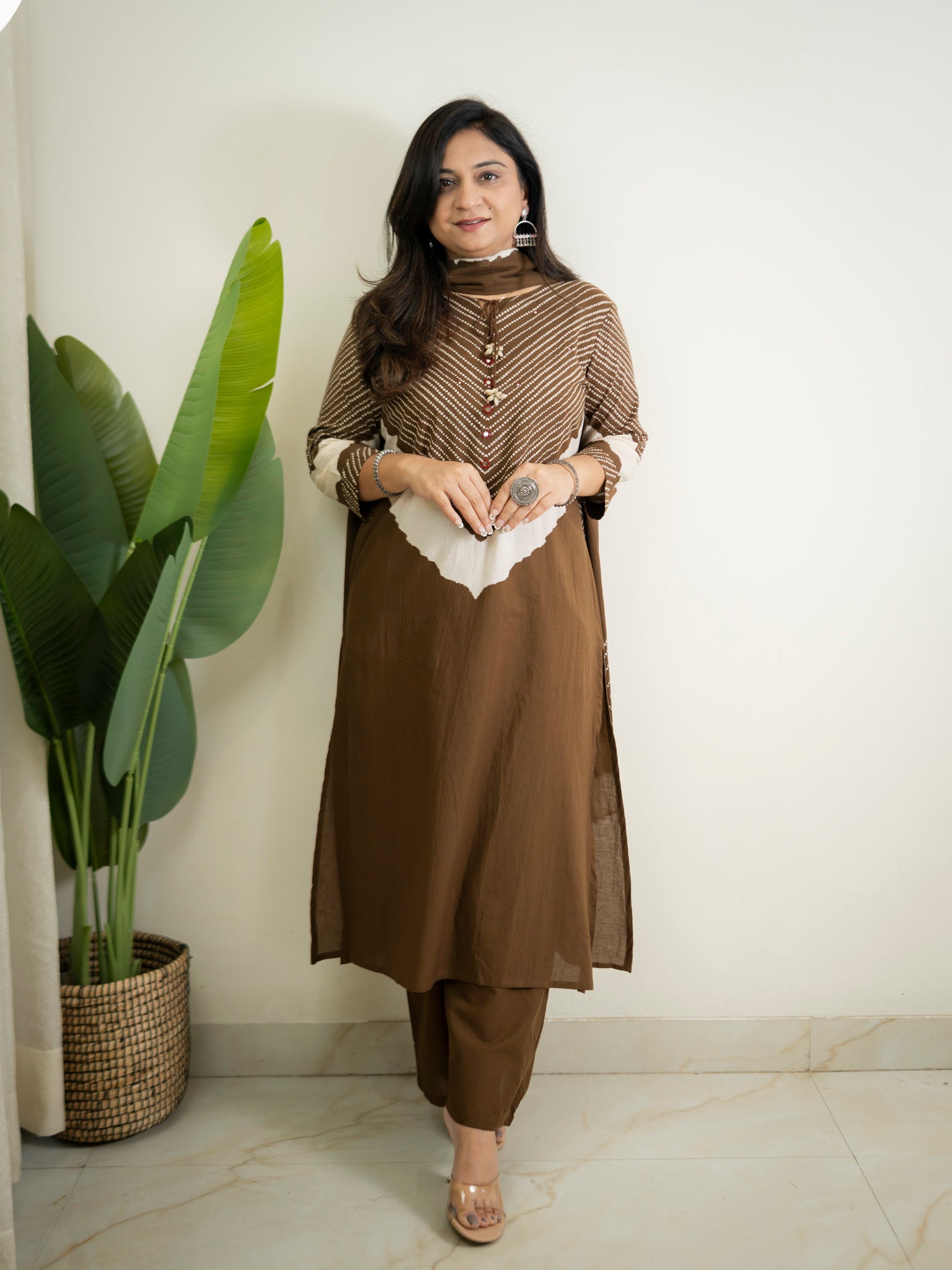 Huma Brown Cotton Tie and Dye Straight Dupatta Set