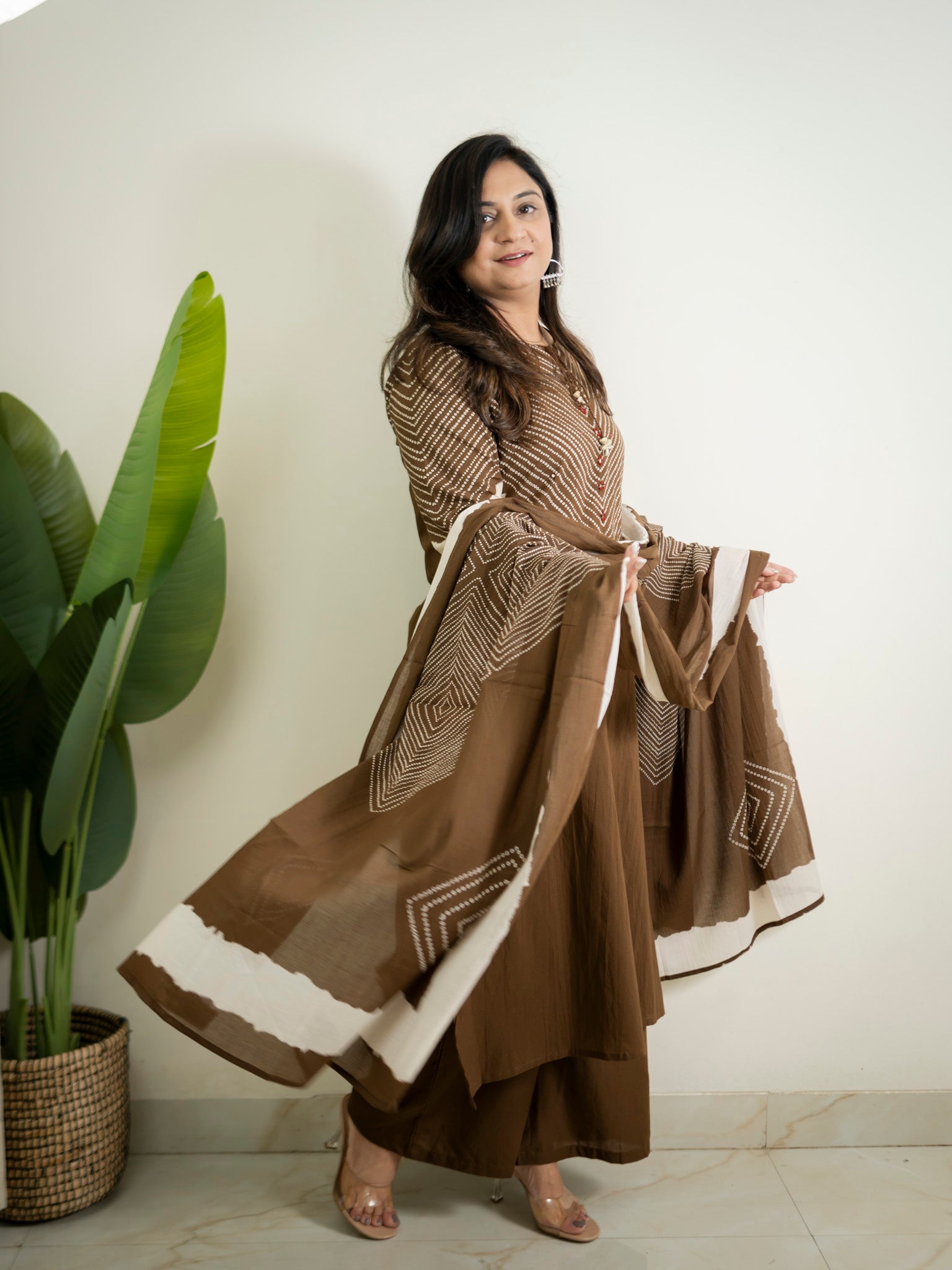 Huma Brown Cotton Tie and Dye Straight Dupatta Set
