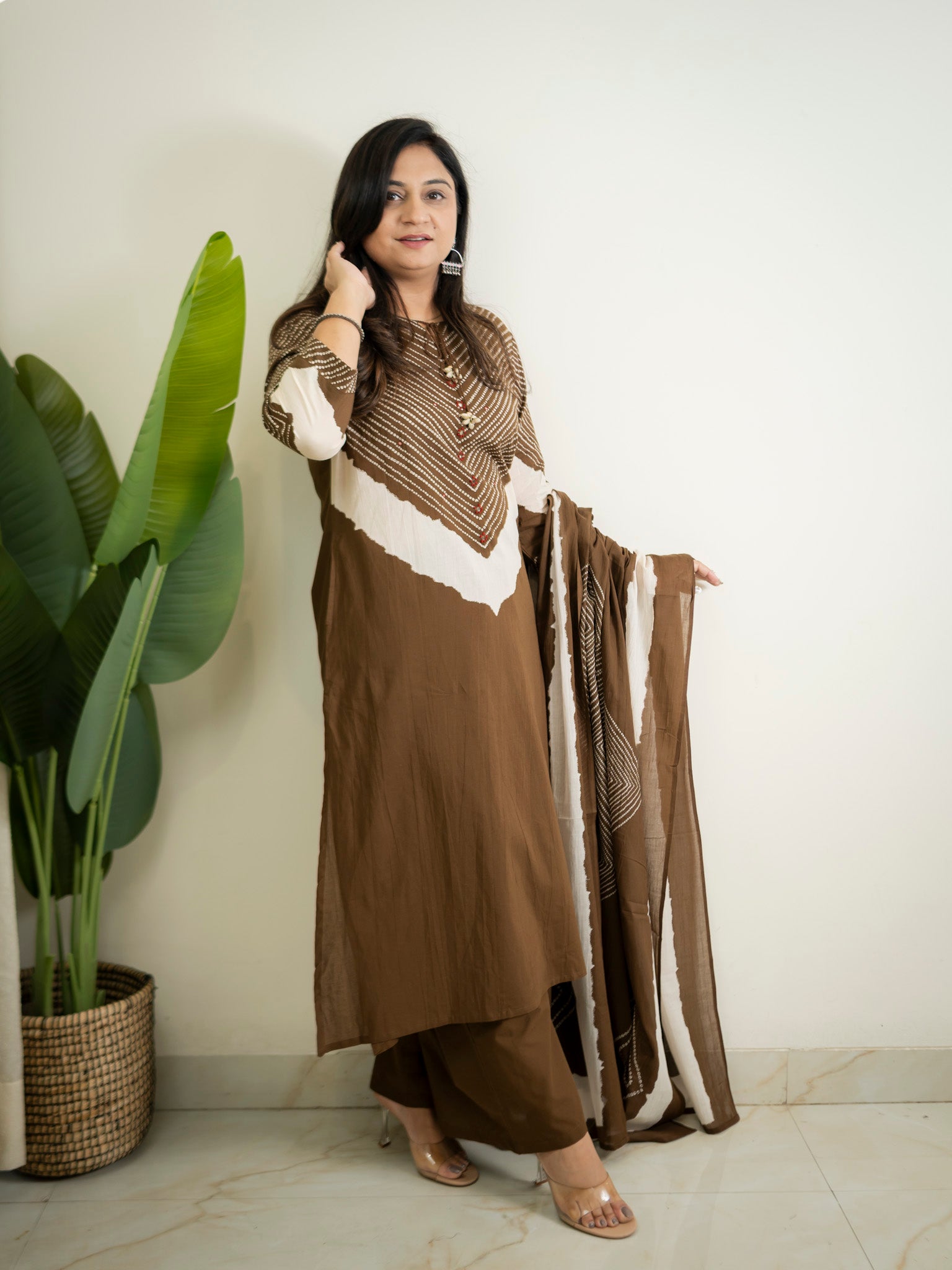 Huma Brown Cotton Tie and Dye Straight Dupatta Set