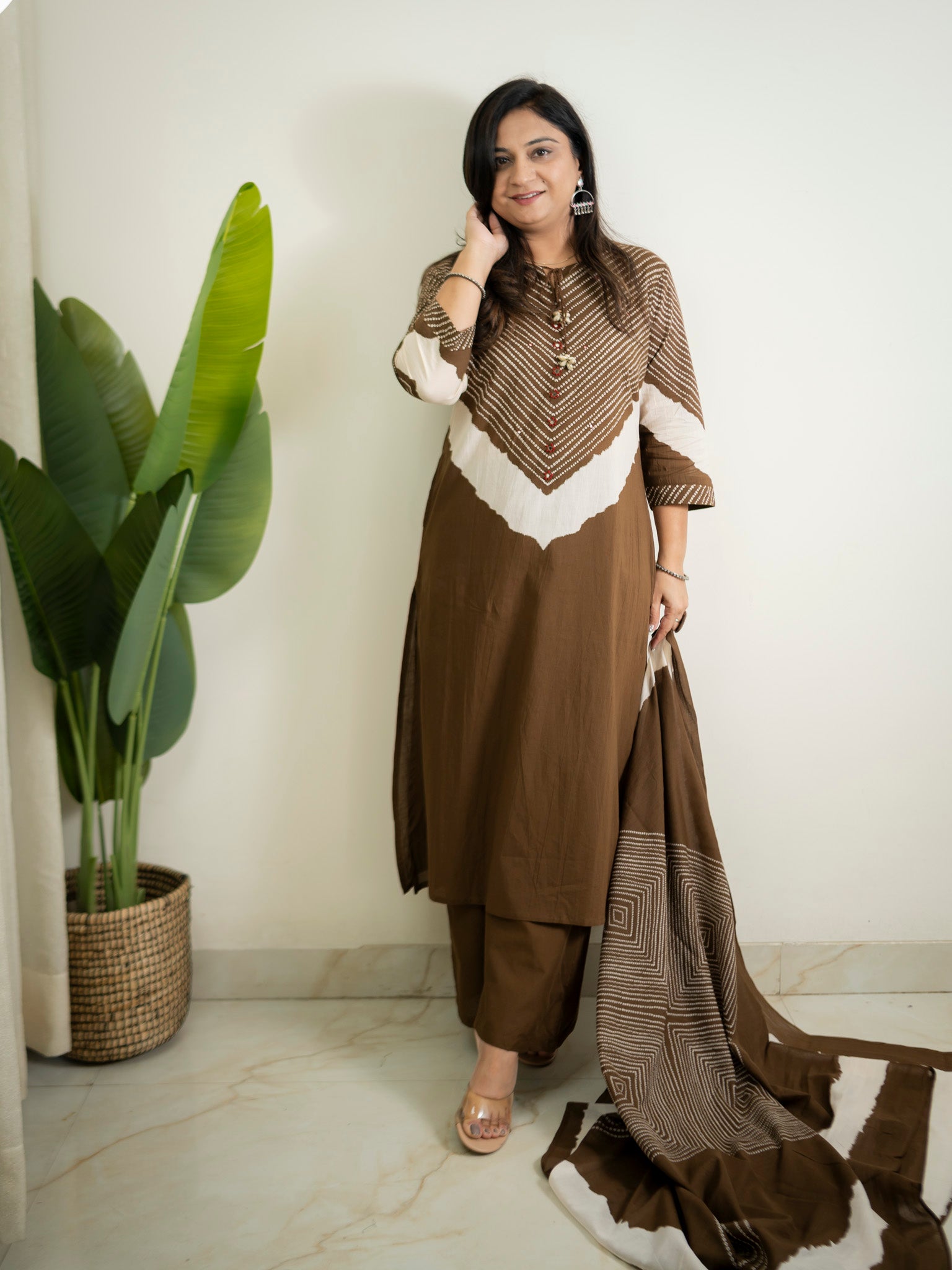 Huma Brown Cotton Tie and Dye Straight Dupatta Set