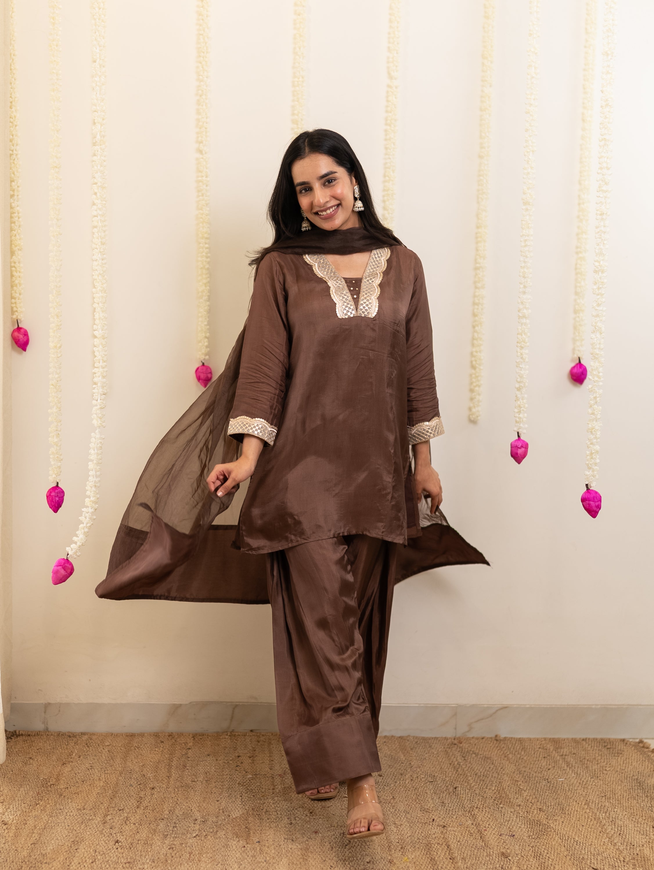 Ruba Brown Premium Crepe HandDetailed Farshi Suit