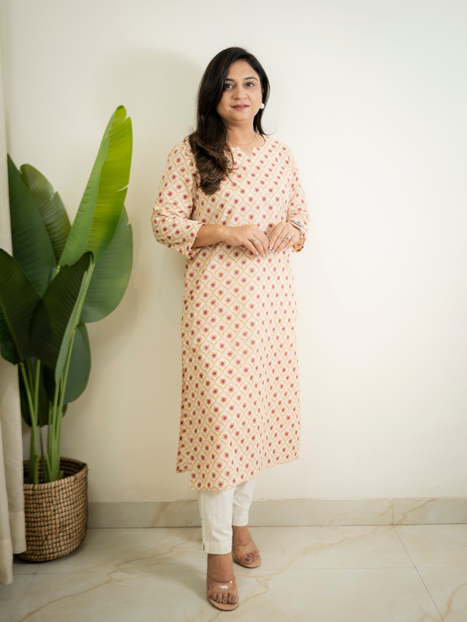 Offwhite Floral Cotton Casual Straight Kurta