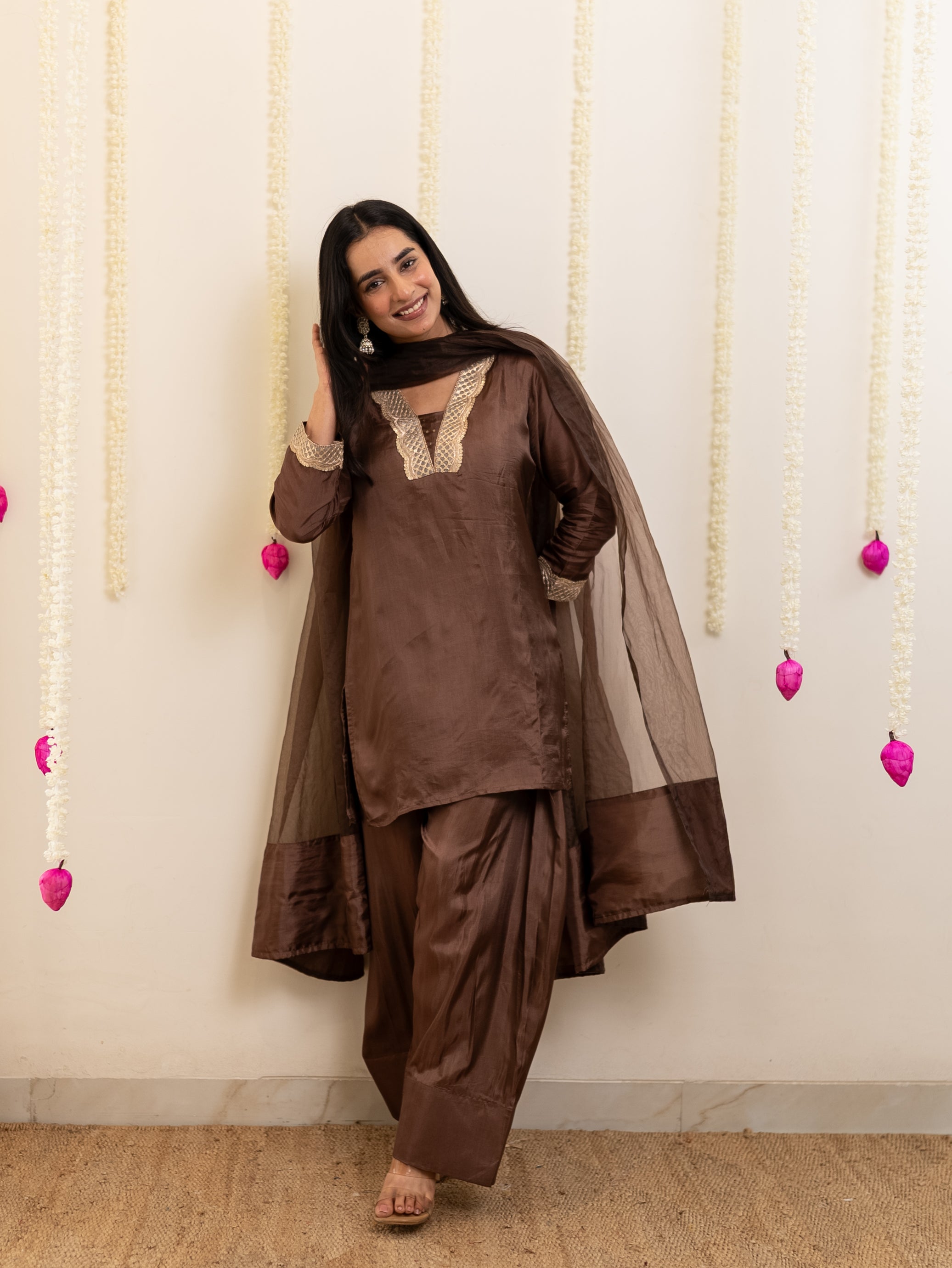Ruba Brown Premium Crepe HandDetailed Farshi Suit
