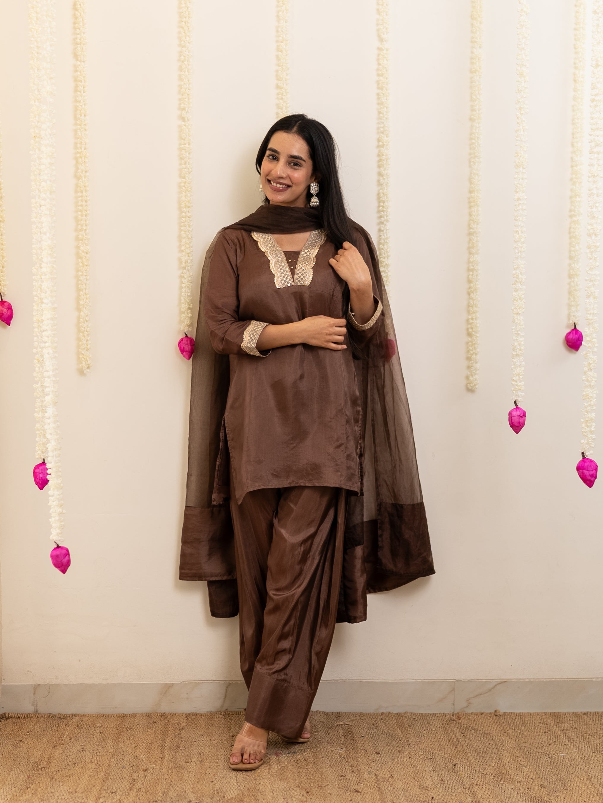 Ruba Brown Premium Crepe HandDetailed Farshi Suit