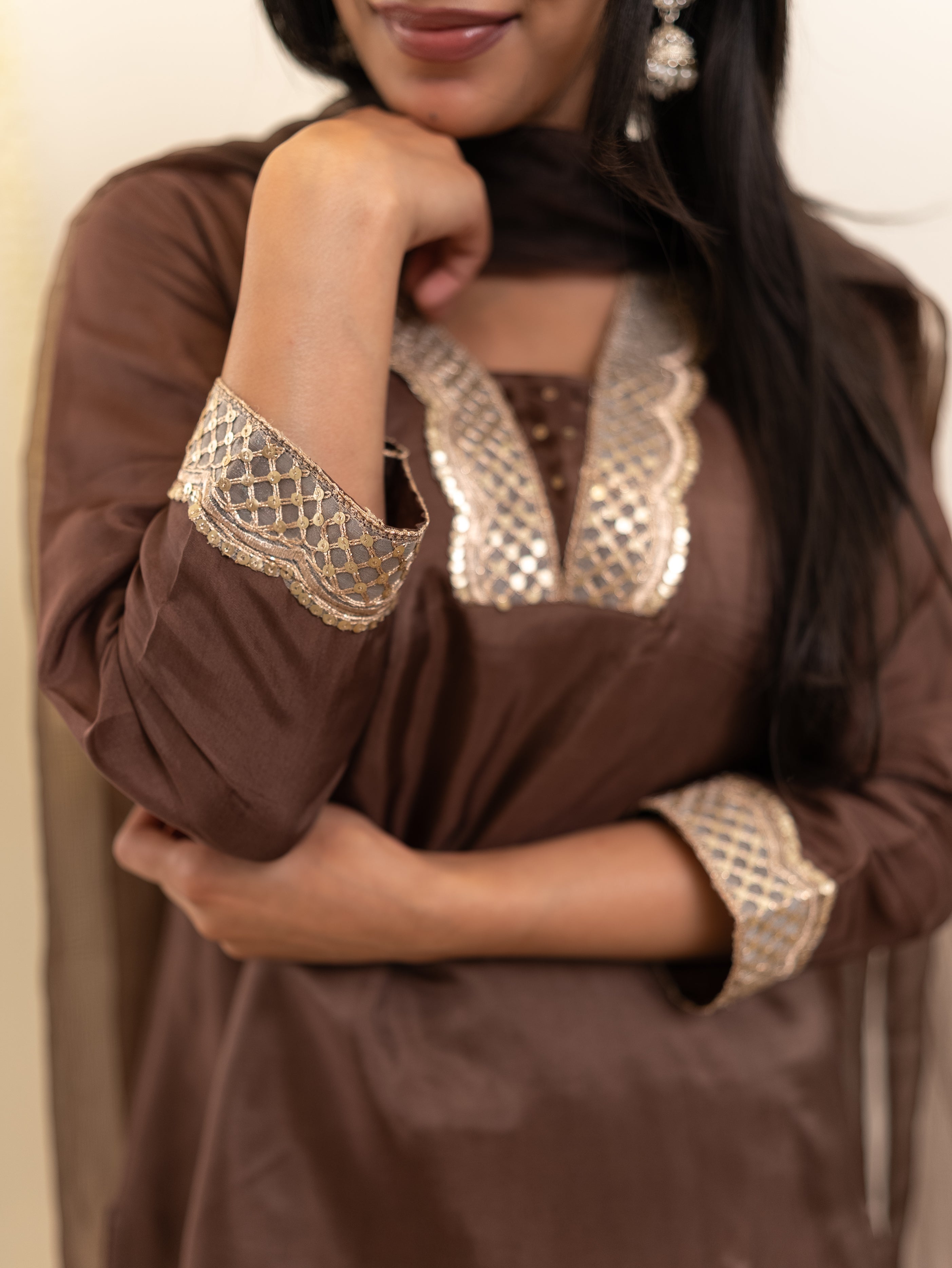 Ruba Brown Premium Crepe HandDetailed Farshi Suit