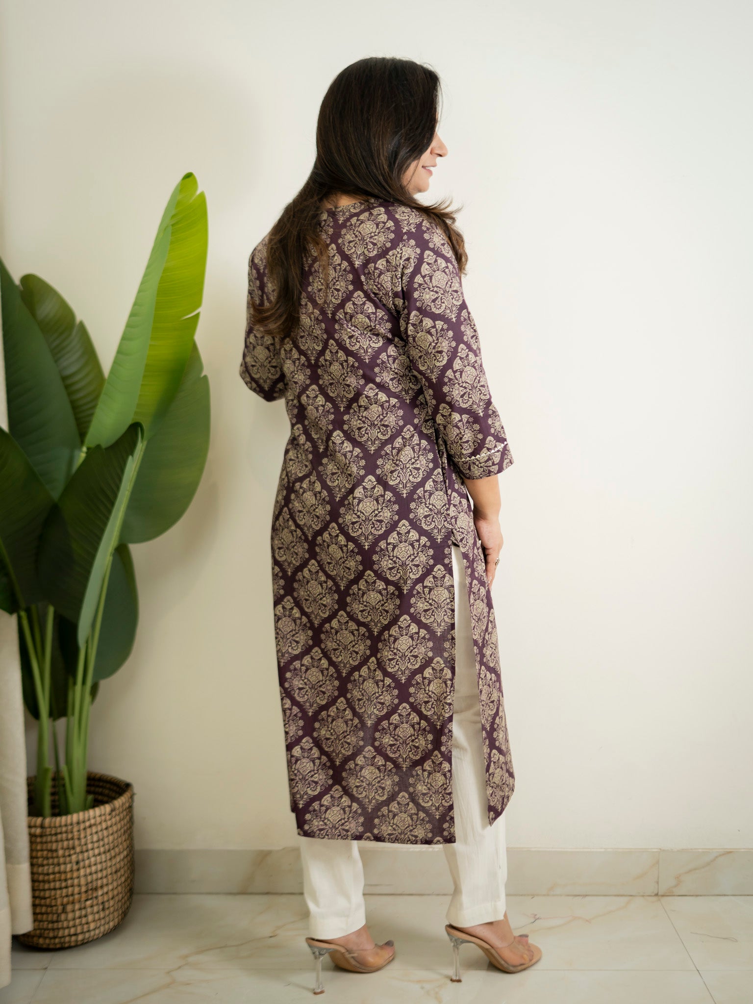 Wine Handblock Cotton Casual Straight Kurta