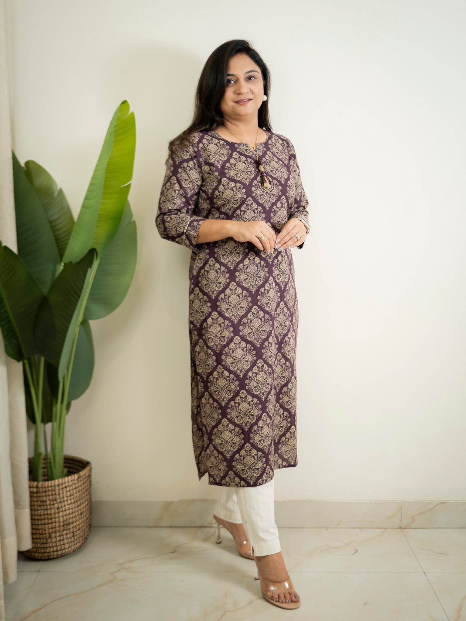 Wine Handblock Cotton Casual Straight Kurta