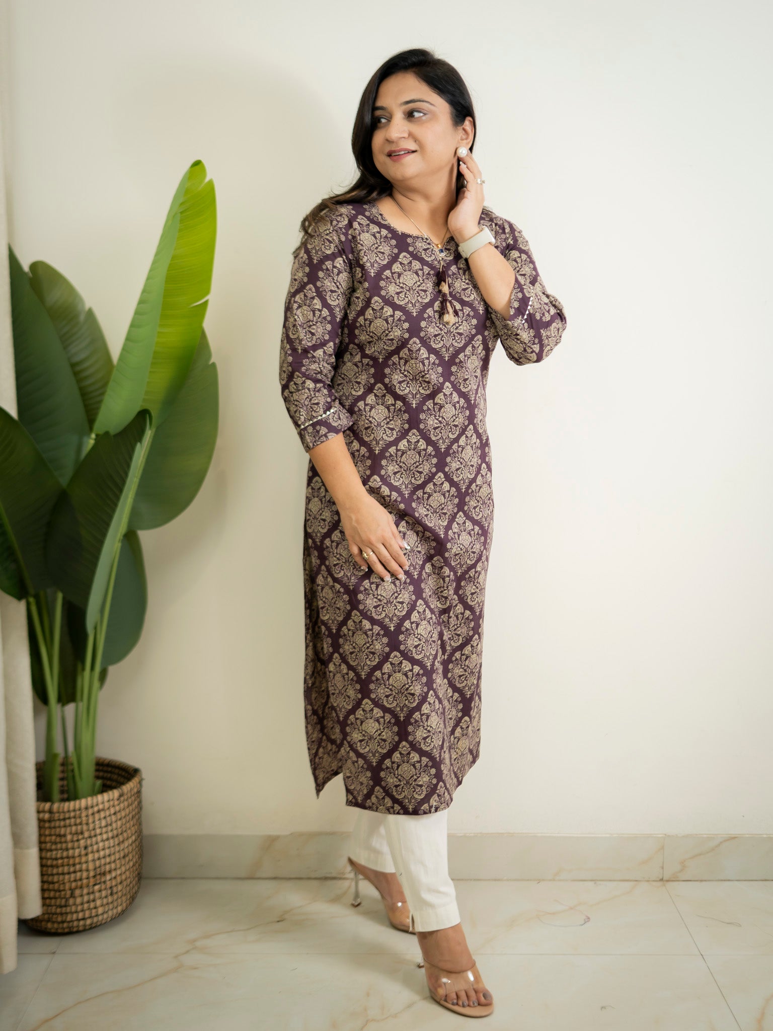 Wine Handblock Cotton Casual Straight Kurta