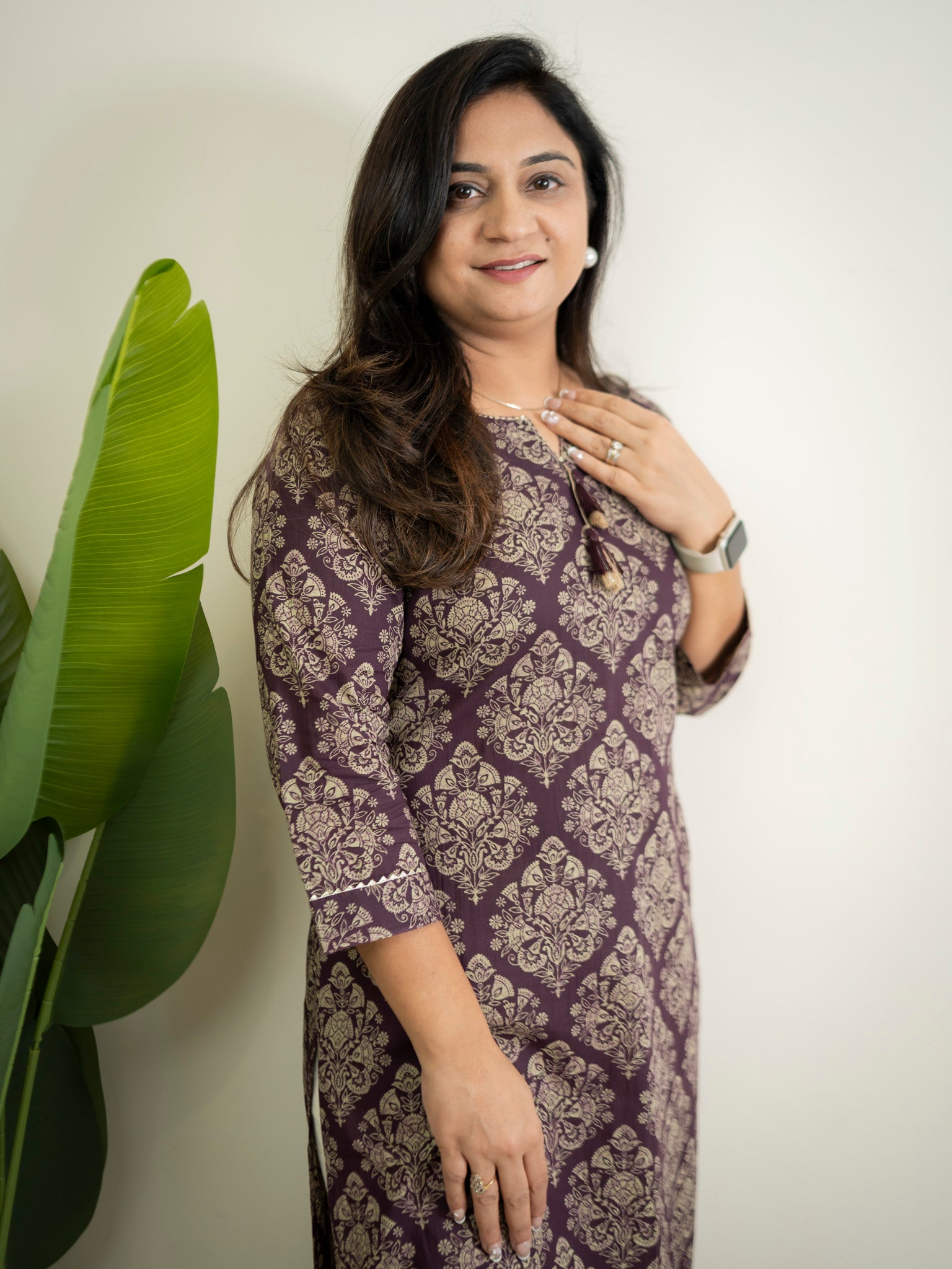 Wine Handblock Cotton Casual Straight Kurta