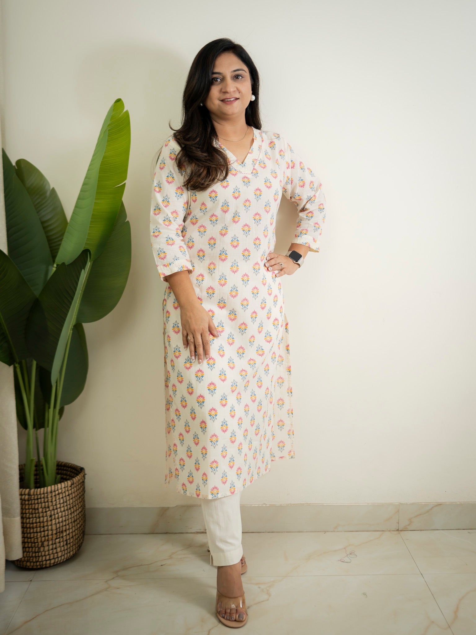 Offwhite MultiColor Flower Cotton Casual Straight Kurta