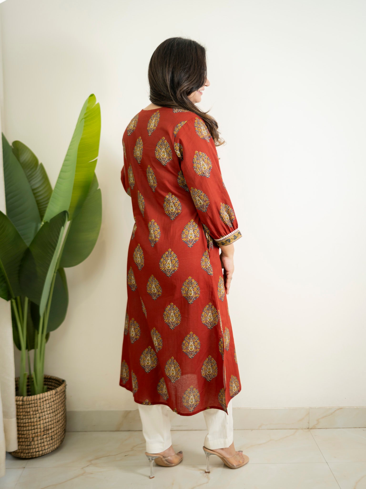 Maroon Cotton A-line Casual Kurta