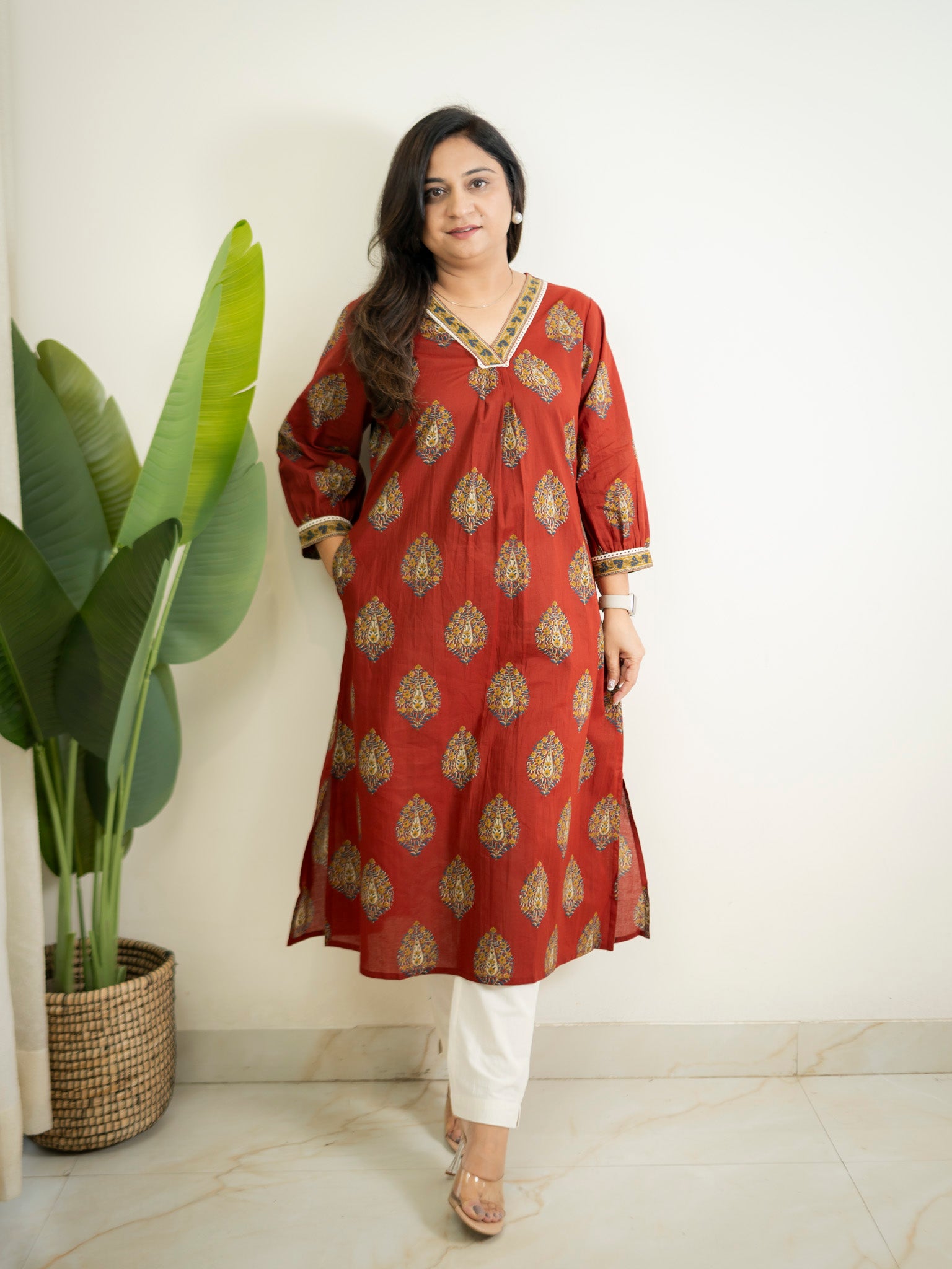 Maroon Cotton A-line Casual Kurta