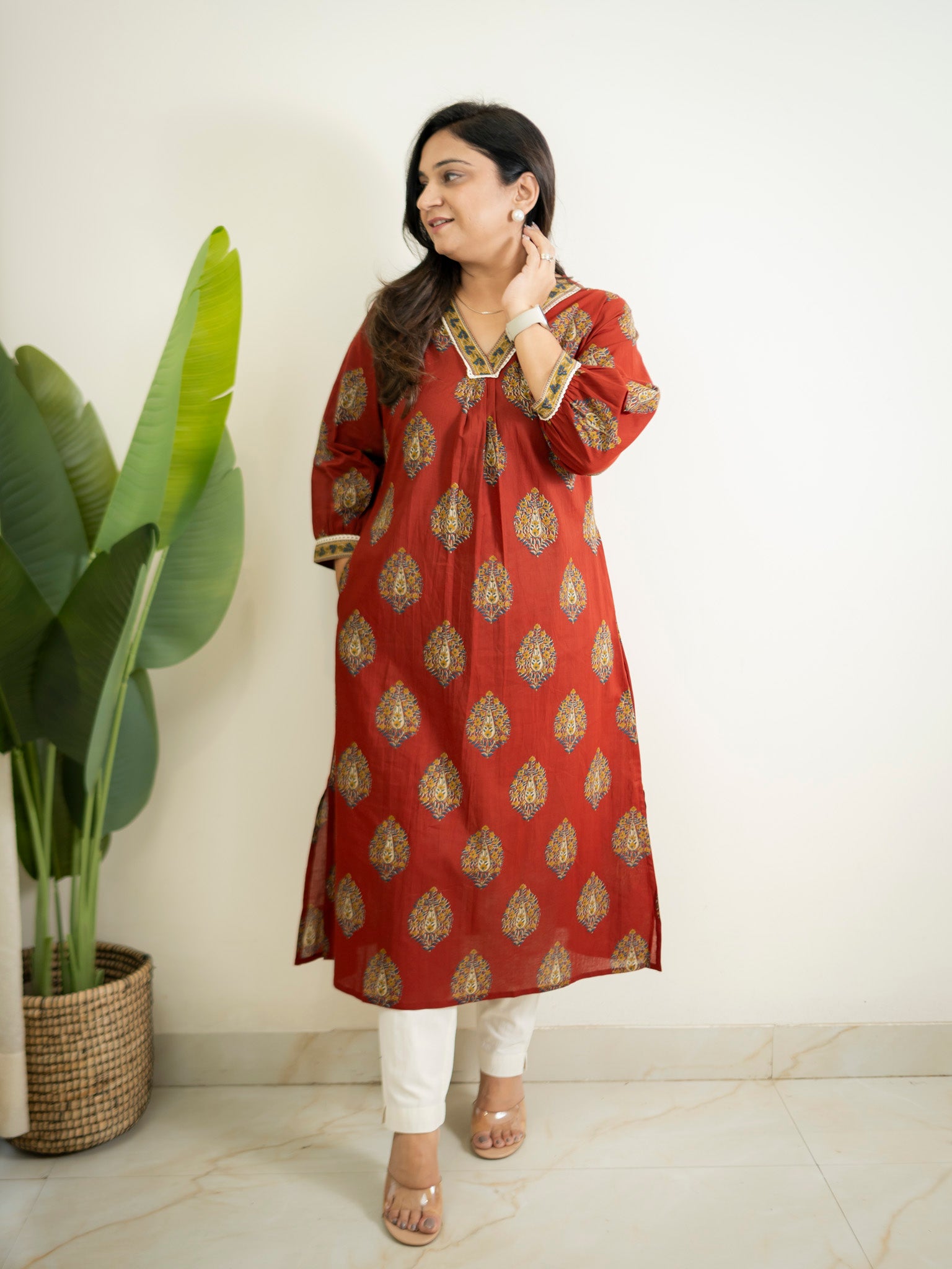 Maroon Cotton A-line Casual Kurta