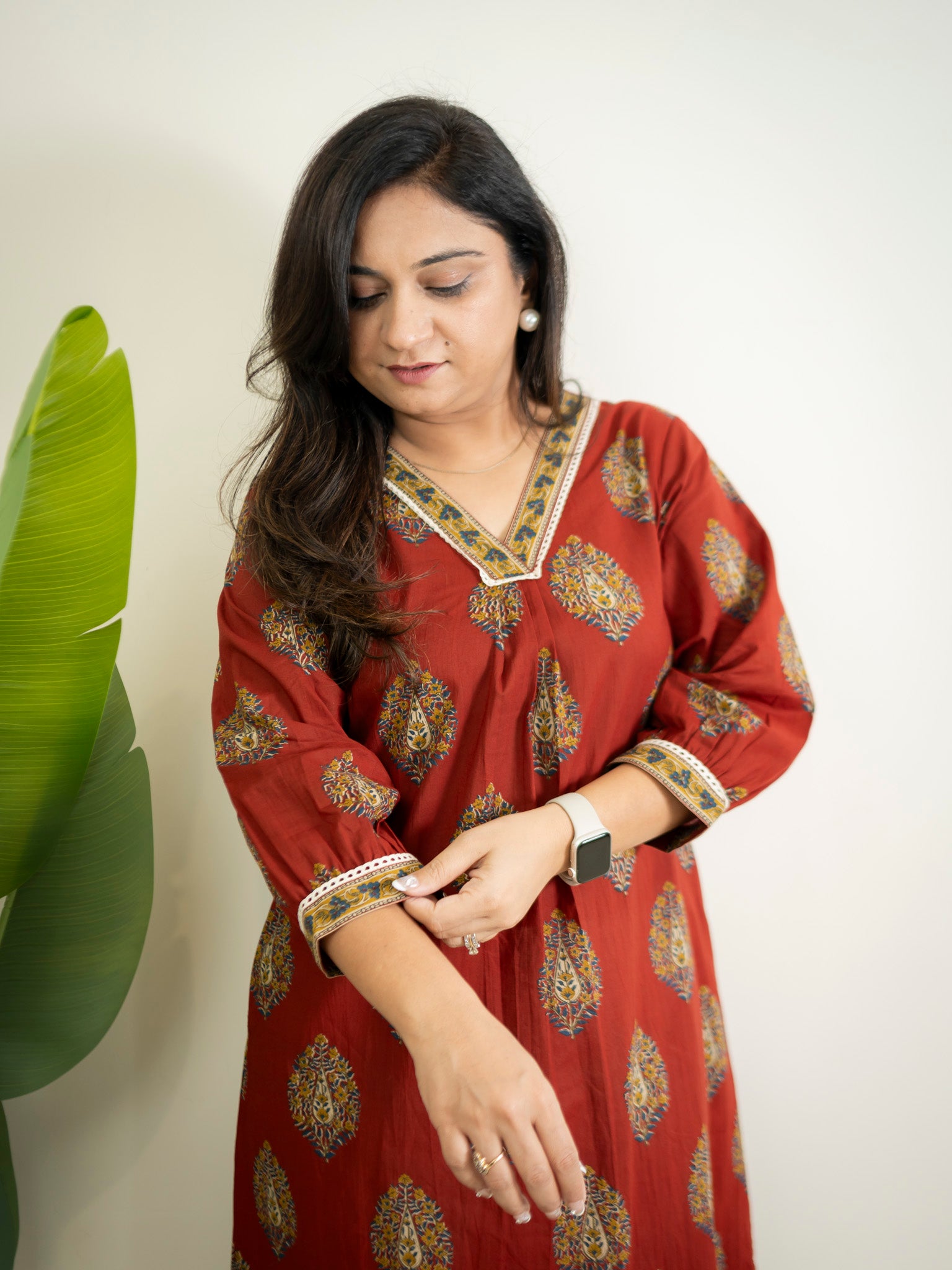 Maroon Cotton A-line Casual Kurta