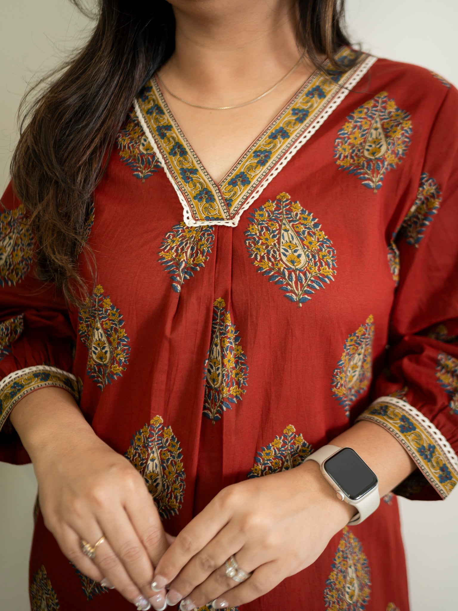 Maroon Cotton A-line Casual Kurta