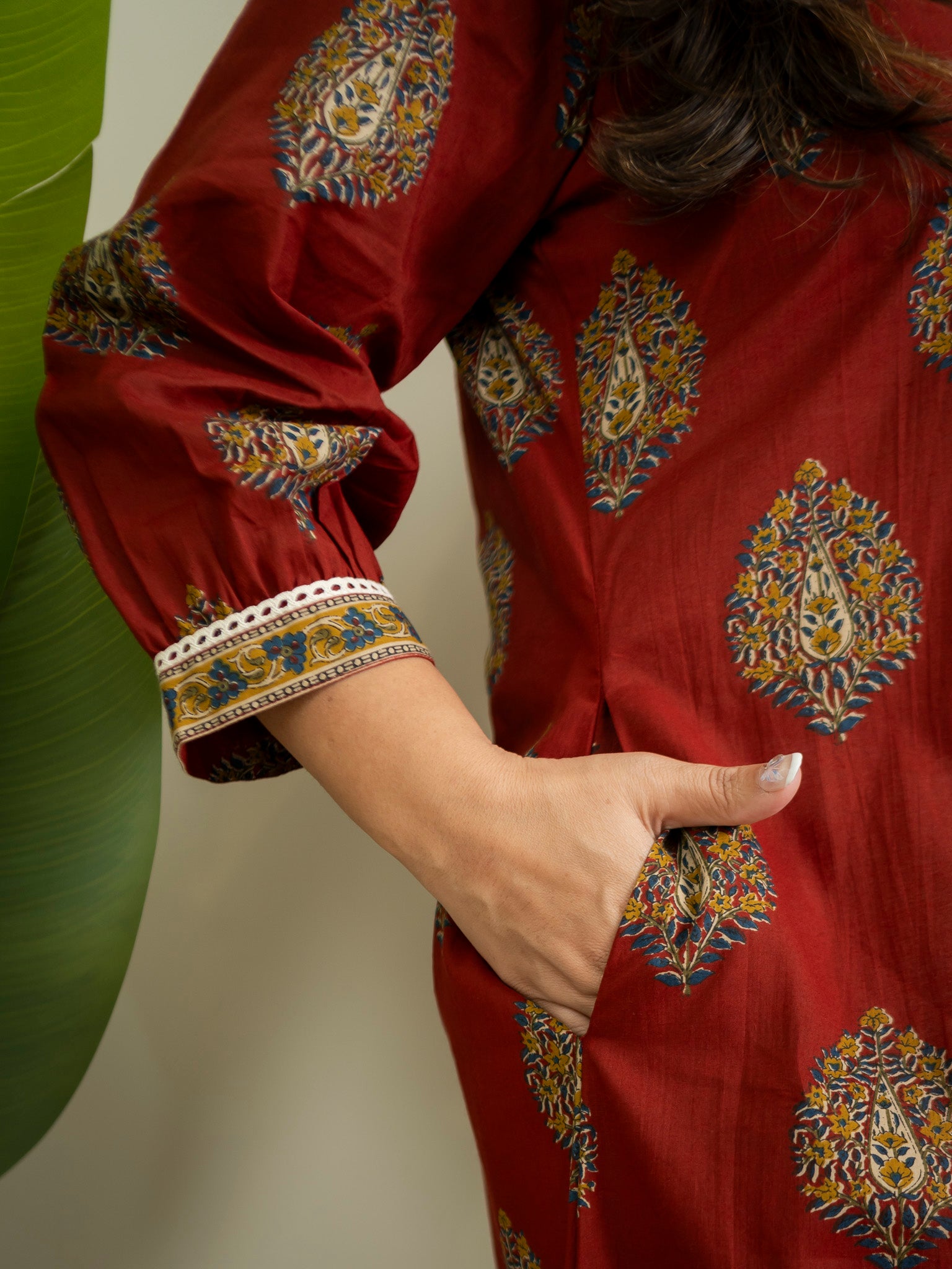 Maroon Cotton A-line Casual Kurta