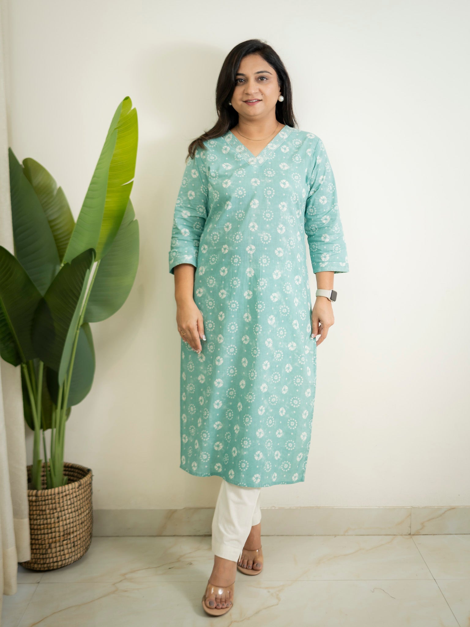 Sky Blue Floral Cotton Casual Straight Kurta