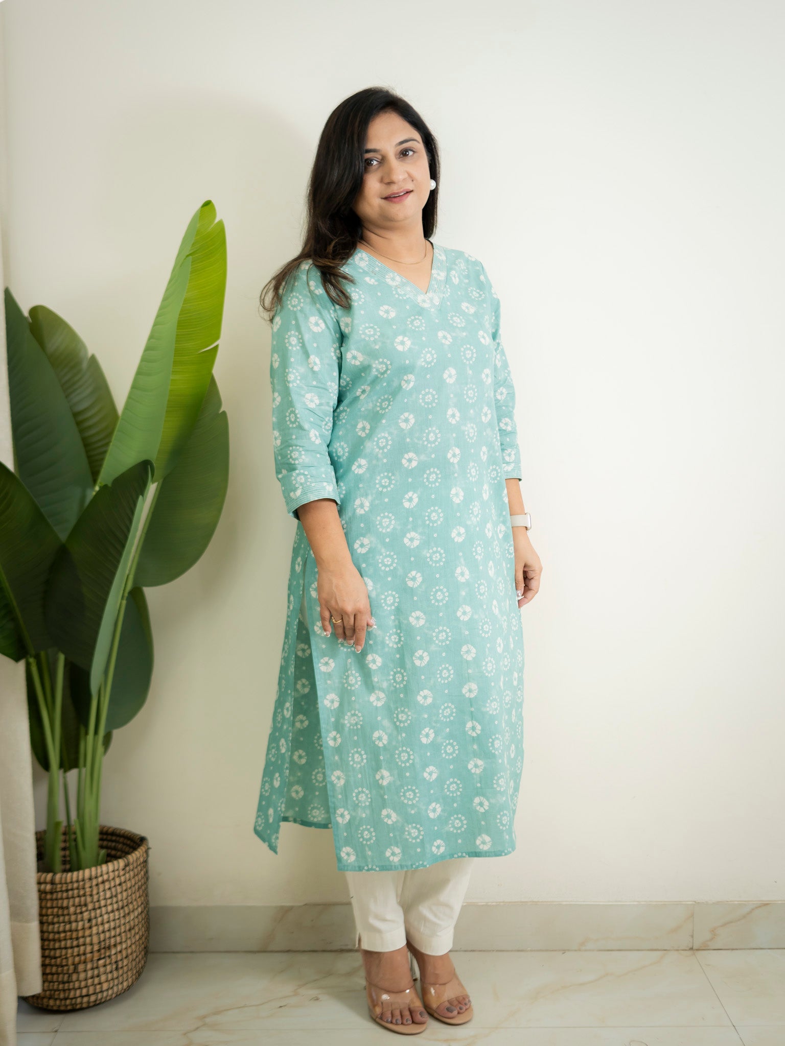Sky Blue Floral Cotton Casual Straight Kurta