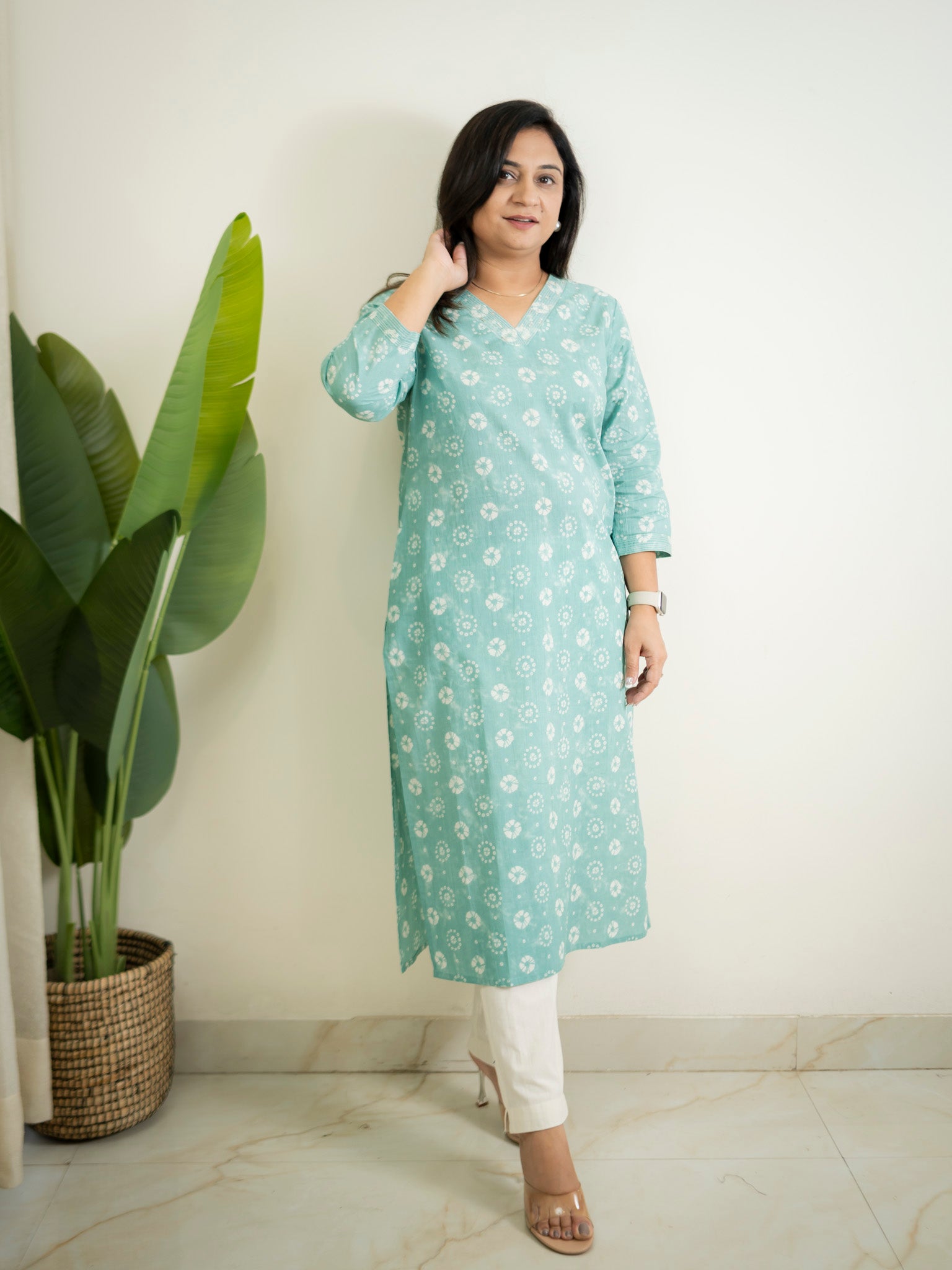 Sky Blue Floral Cotton Casual Straight Kurta