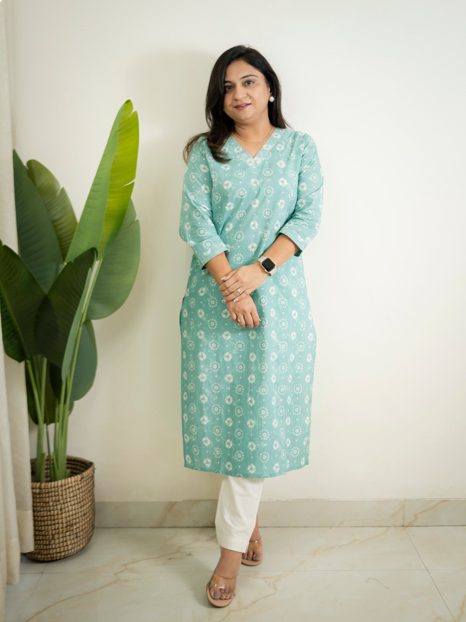 Sky Blue Floral Cotton Casual Straight Kurta