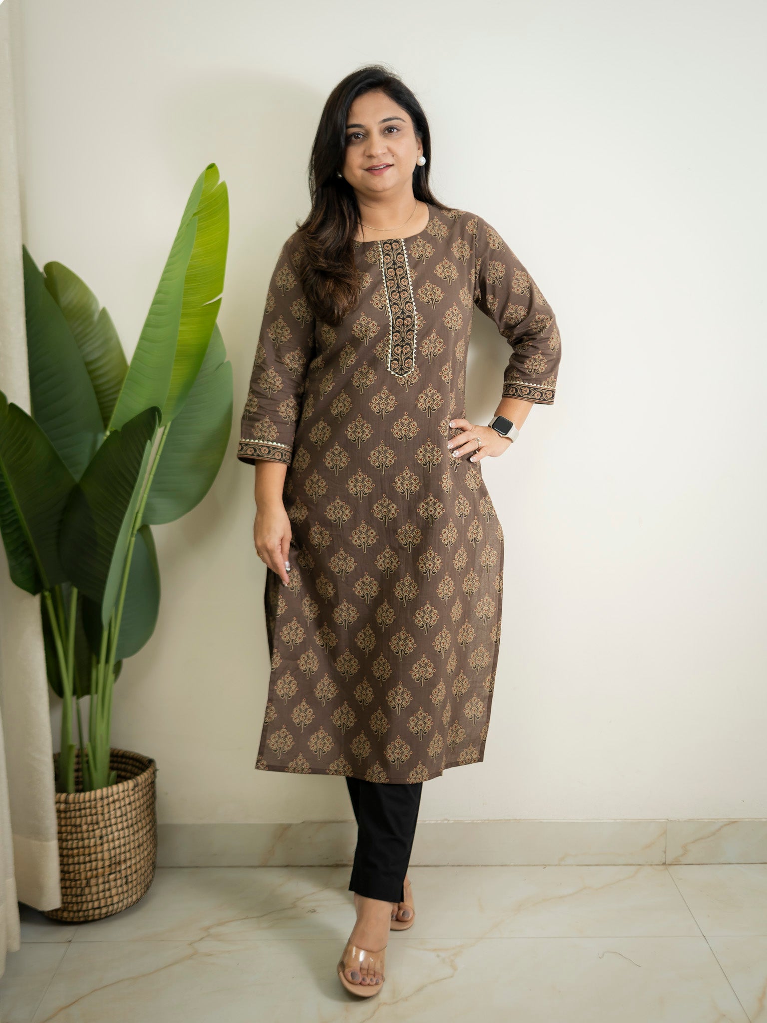 Brown Handblock Cotton Casual Straight Kurta
