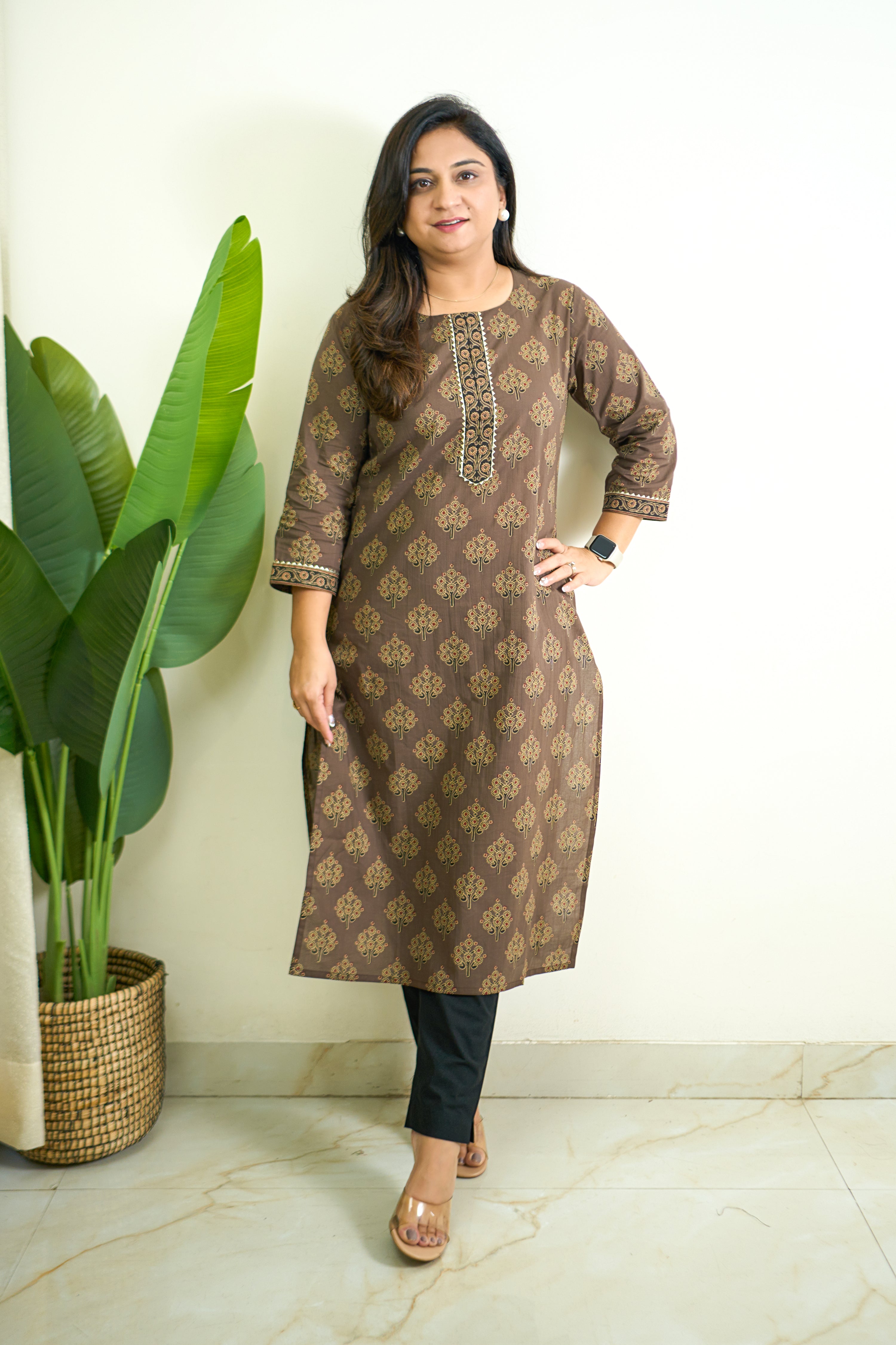 Brown Handblock Cotton Casual Straight Kurta